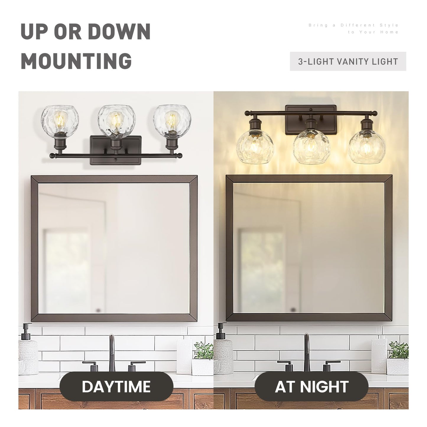 zeyu 3-Light Vanity Lighting - Oil Rubbed Bronze Finish, Clear Hammered Globe Glass, Model ZJF63BG-3W ORB-WG