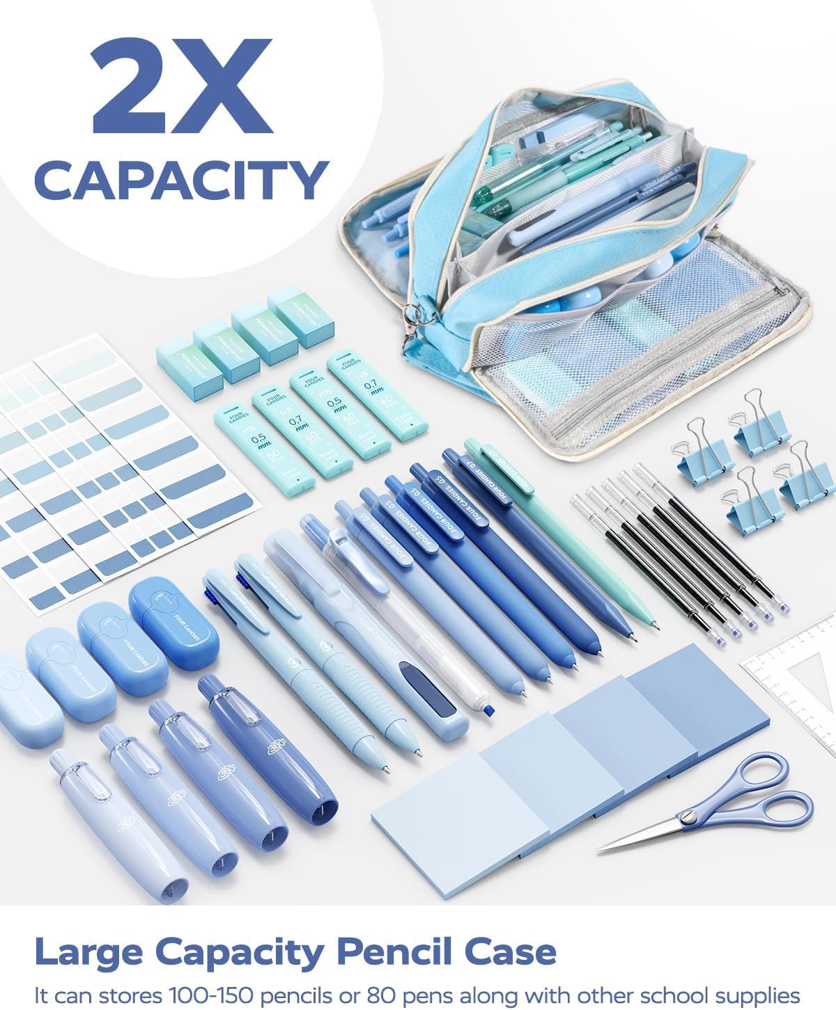 Four Candies Blue Pencil Case 3 Compartment Pouch, Large Pencil Pouch for School, Girls, Teen Boys, Women, Blue, Removable Handle & Zipper, Cute Pencil Bag for Office, College