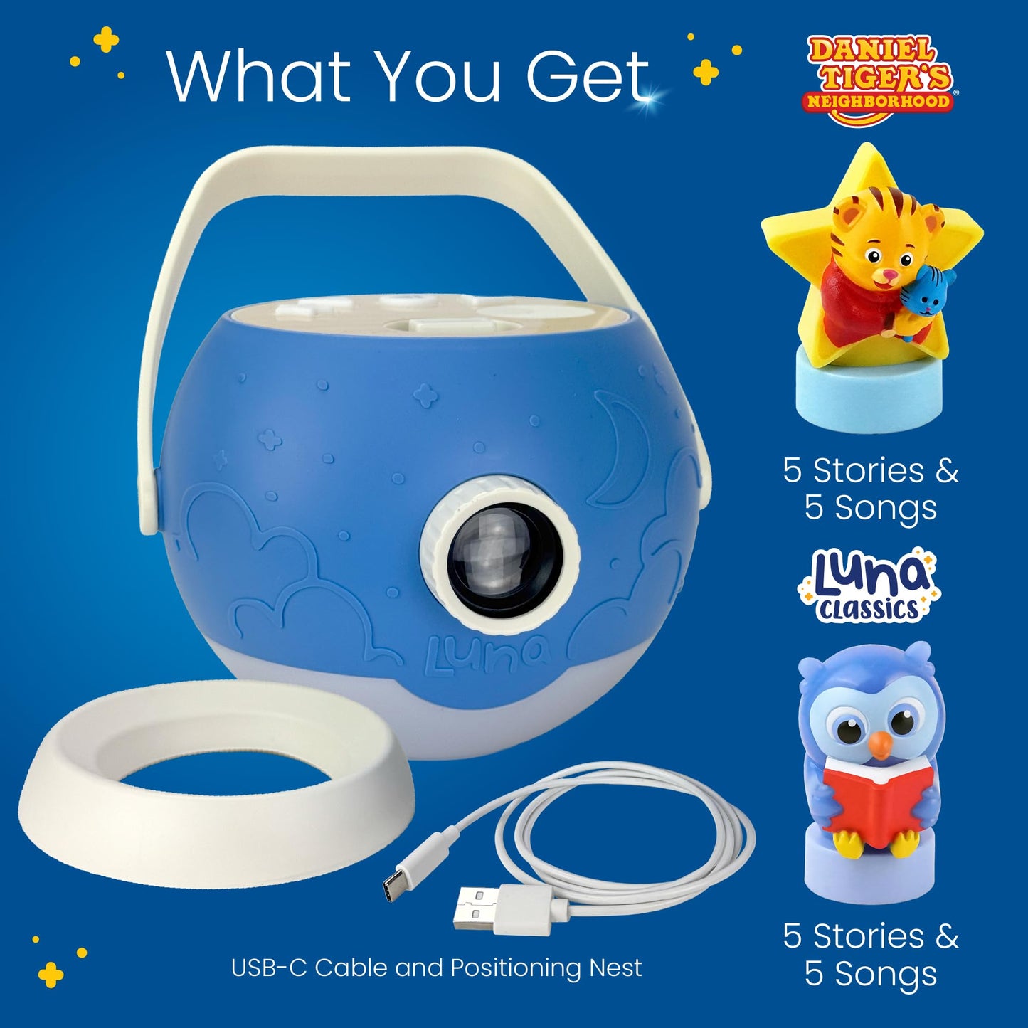 LUNA STORYTIME Kids Book Projector – 5 Daniel Tiger & 5 Classic Read-Aloud Stories, 10 Songs & Night Light & Soothing Dream Music | Children Ages 3+ Storytime Projector | Toys, Owl & Daniel Tiger