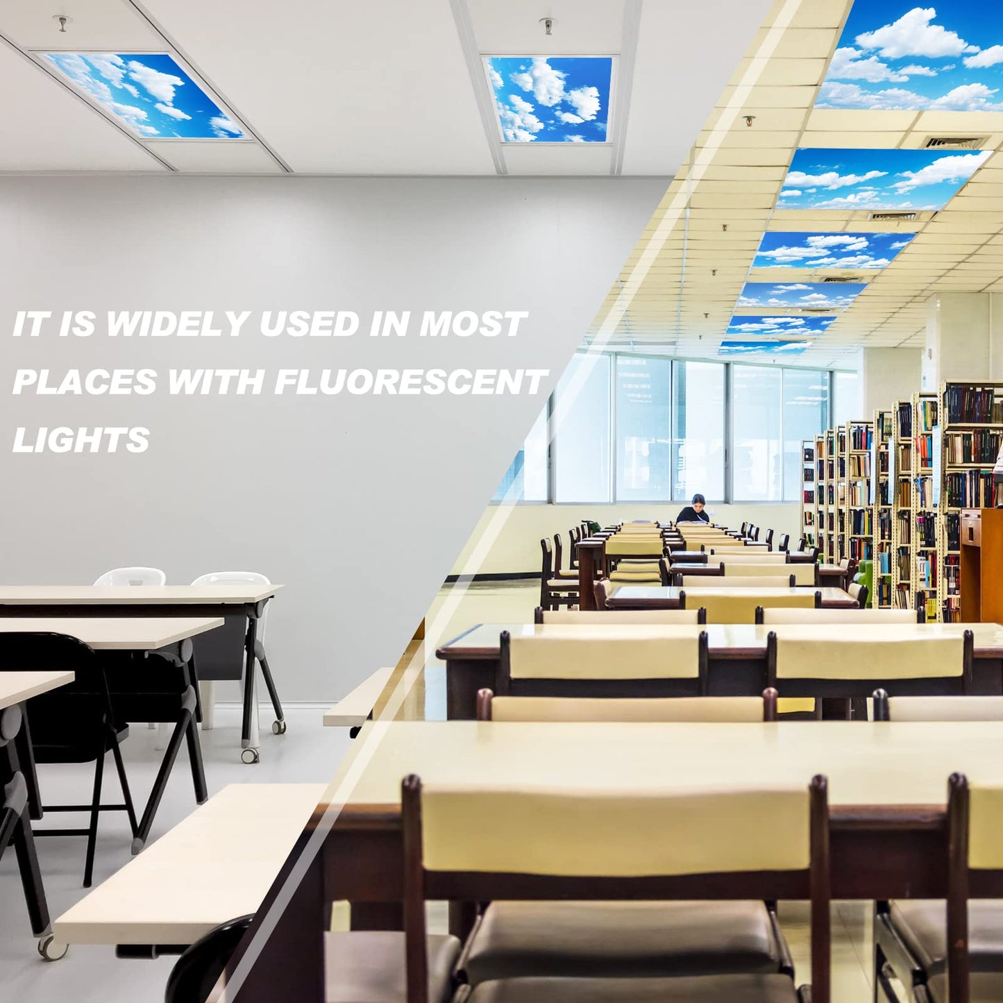 Amylove 4 Pcs Fluorescent Light Covers Classroom Ceiling Panels Light Filters with Backlit Film Material for Office School, 4 x 2 Feet (White, Blue,Cloud)