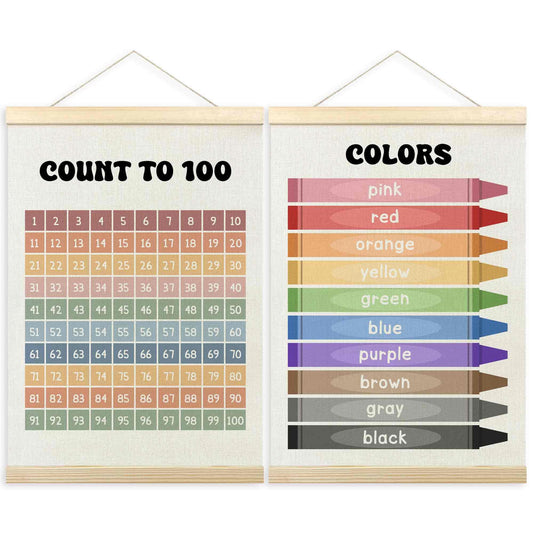 TLESKE 1-100 Numbers Hundreds Colors Chart Poster Hanger Frame for Toddler Kid Classroom Set of 2, Homeschool Hanging Wall Art Decor for Nursery Playroom, Preschool Learning Educational Poster, 12x16