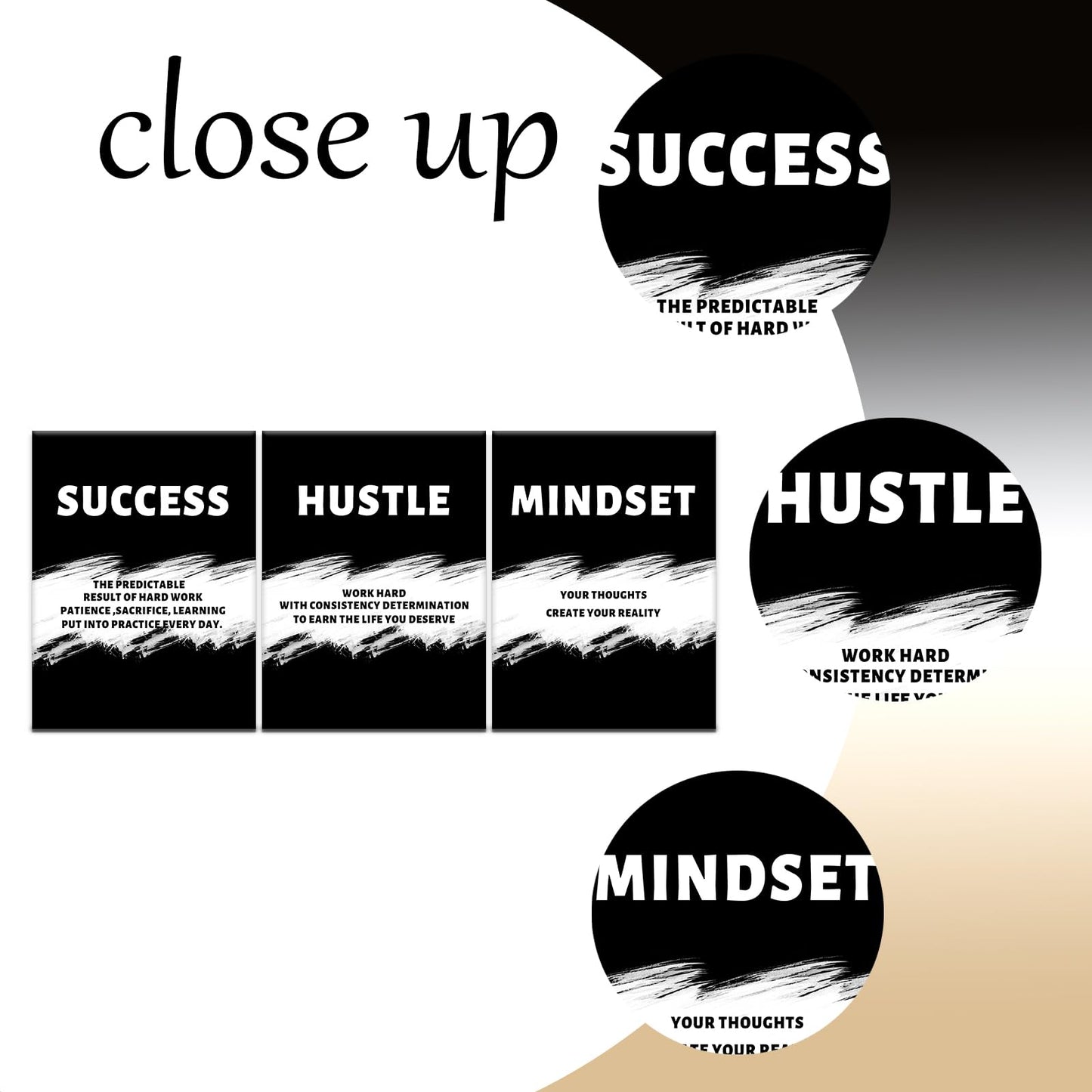 PSYYSP 3 Piece Canvas Wall Art Success Hustle Mindset Posters, Black White Motivational Triptych Wall Decor for Office, Bedroom, Dorm, Business Workspace, Framed Canvas 36x16inch