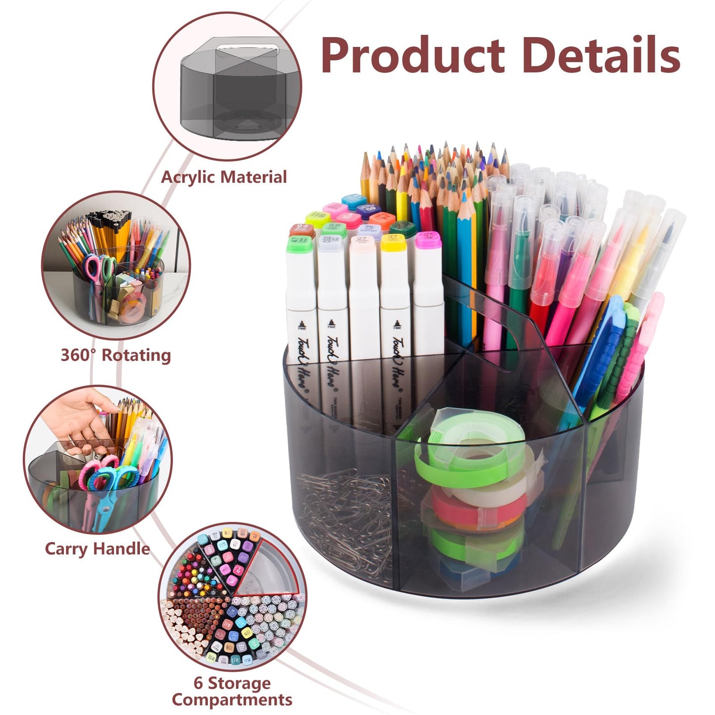 Absonic 250pcs Acrylic Pencil Holder Marker Organizer, 360-Degree Rotating Pen Holder, Crayon Organizers for Kids Pencil Organizer Caddy Art Supply Kids Desk Organizers for Office Home School, Black