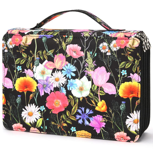 Vomgomfom 200 Slots Pencil Bag, 4-Layer Zipper Portable Art Supply Organizer, PU Leather Large Capacity Colored Pencil Case with Handle for 200 Watercolor Pens, Gel Pens (Black Flower)