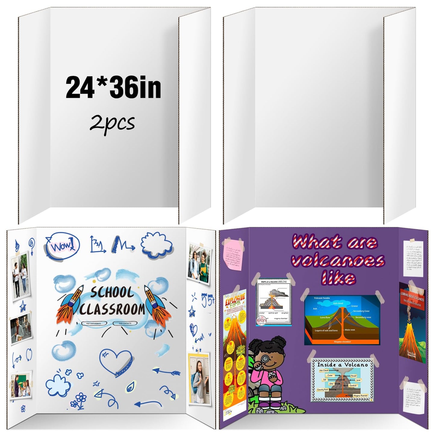 2 Pack Trifold Poster Board, IKAYAS 24" X 36" Double Sided White Tri-fold Poster Boards, Science Fair Display Boards Presentation Boards for Mounting, Art, Display, Projects Classroom Supplies