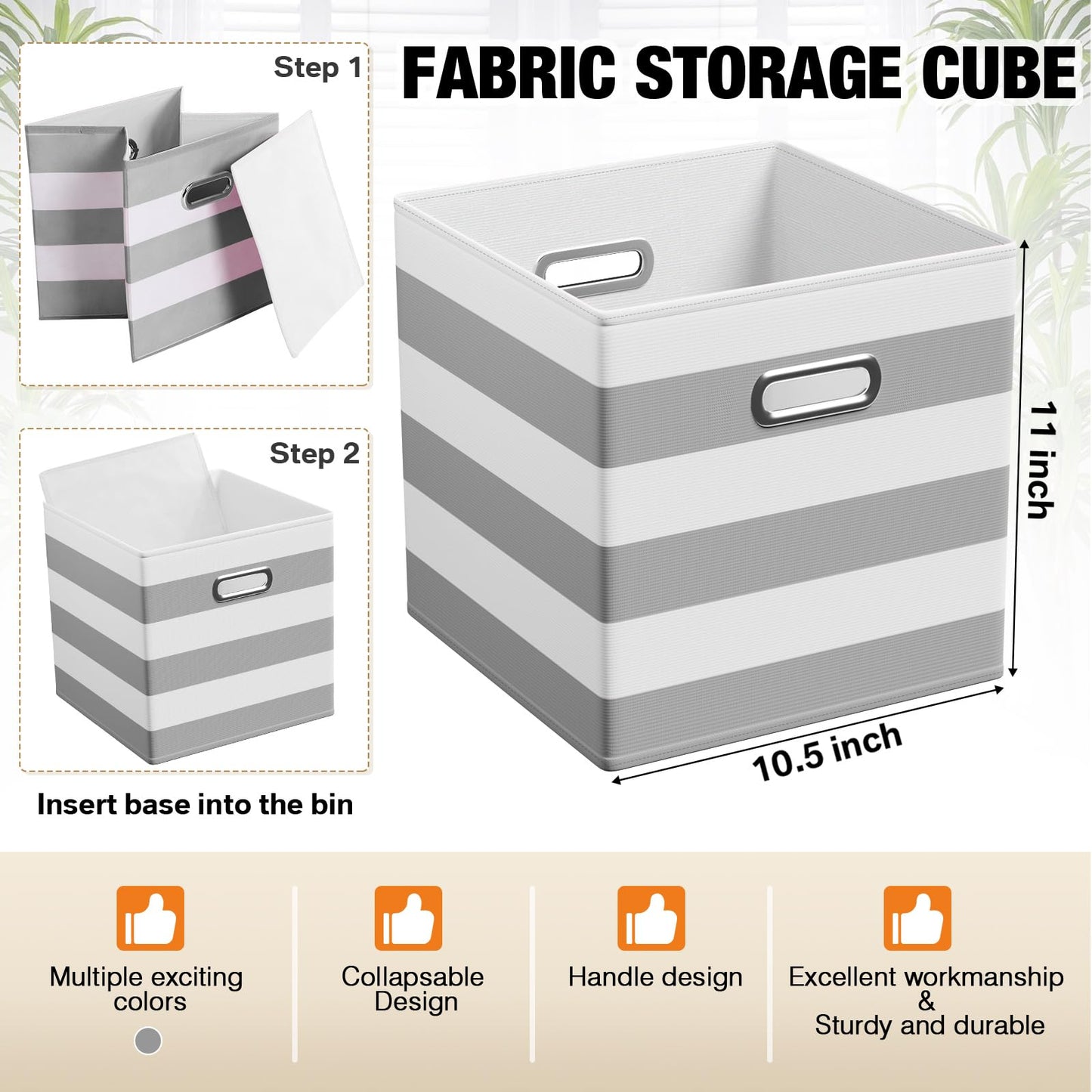 CroBlissful 6 Pcs 11 Inch Fabric Storage Cubes with Metal Handle Back to School Classroom Supplies Grey and White Striped Style Collapsible Bins Organizer for School Nursery Shelves Clothes Gift