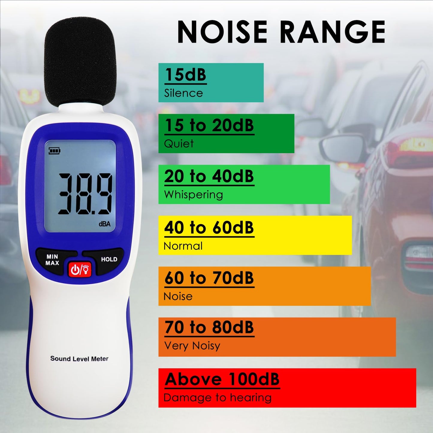 Decibel Meter Bluetooth, Portable Sound Level Meter with Data Logging, Can Fit with Smartphone App Recording, 30 to 130dBA Noise Decibel Meter SPL Meter w/Data Hold MAX MIN Alarm Backlit LCD Display