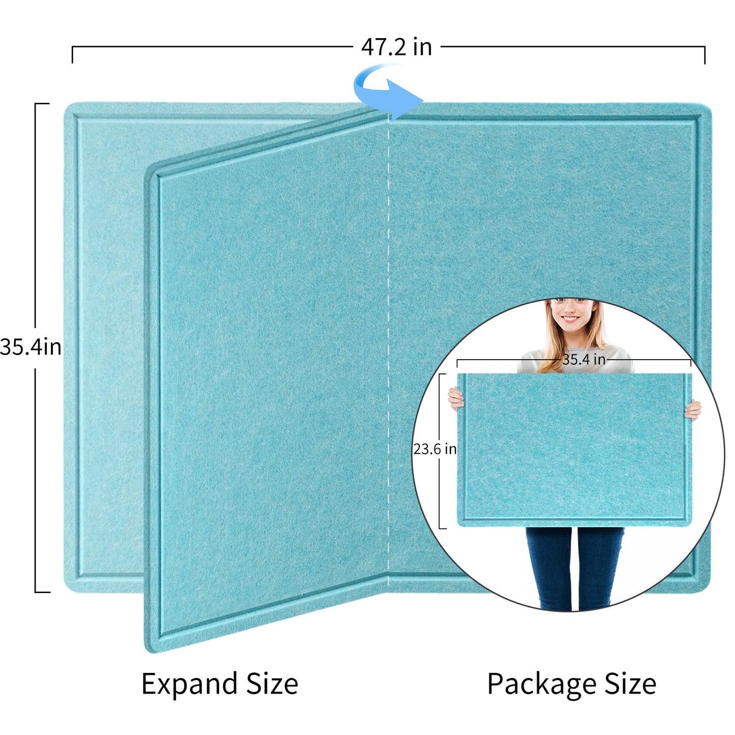 Large Bulletin Board - 48 x 36 Inches, Decorative Felt Pin Board for Wall - 4' x 3' Foldable Photo Display Board with Self-Adhesive Tape, Includes 20 Push Pins - Turquoise Blue