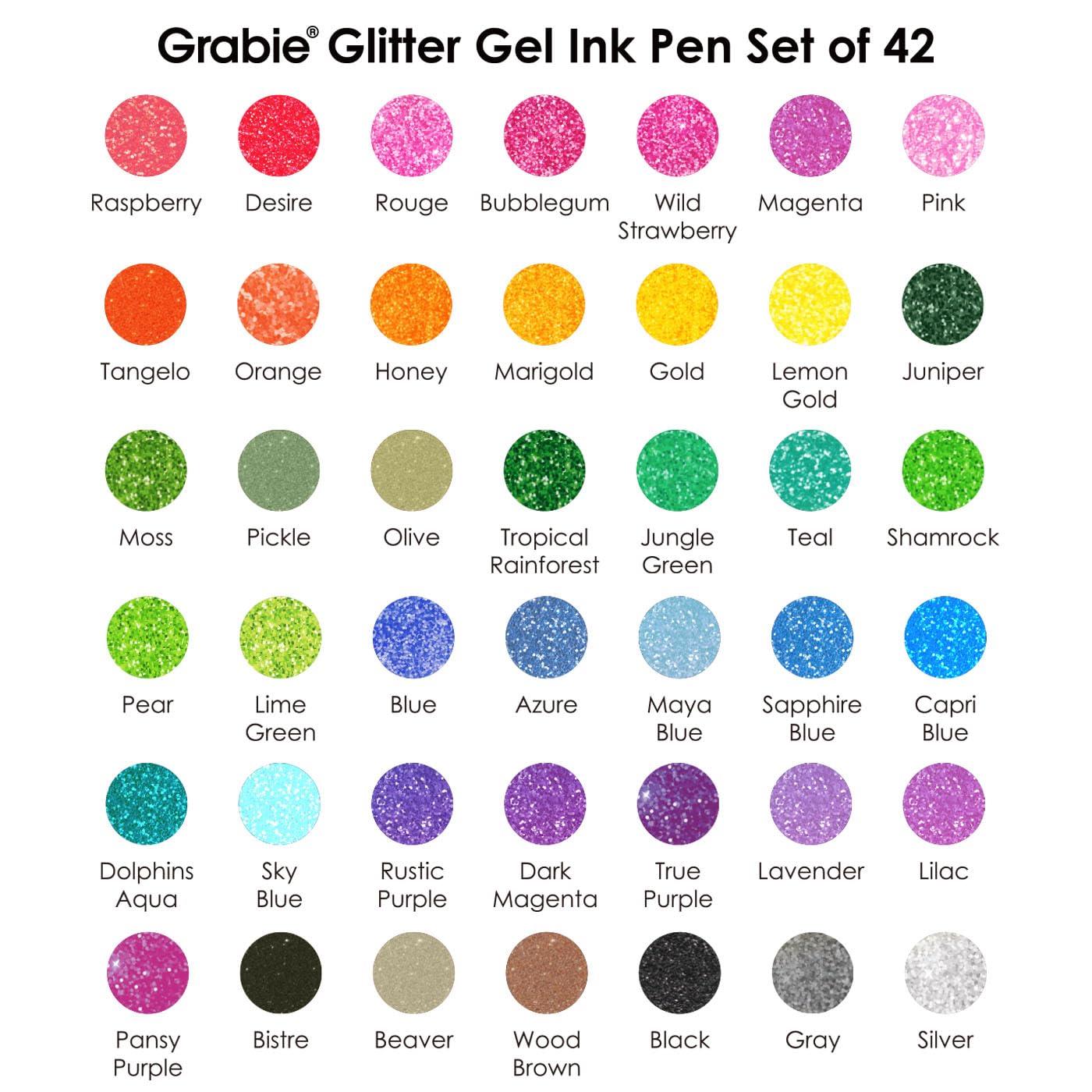 Grabie Set of 42 Glitter Gel Pens Set, Silver Sparkle Ink, 1.0mm Fine Tip Gel Pens for Adult Coloring Books, Journaling, Drawing, Scrapbooking, Smooth Writing Art Supplies
