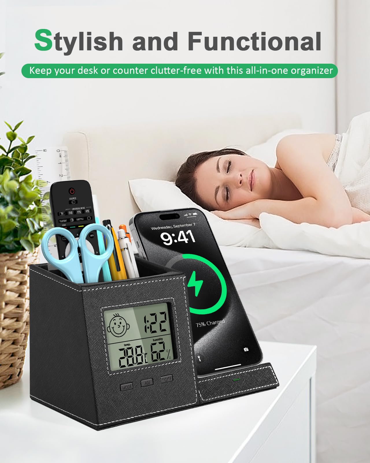 Investme Pen Holder with Wireless Charger, Built in Digital Indoor Thermometer and Humidity Monitor, Multi-Functional Desktop Organizer for Home, School, Office Supply, Midnight Black