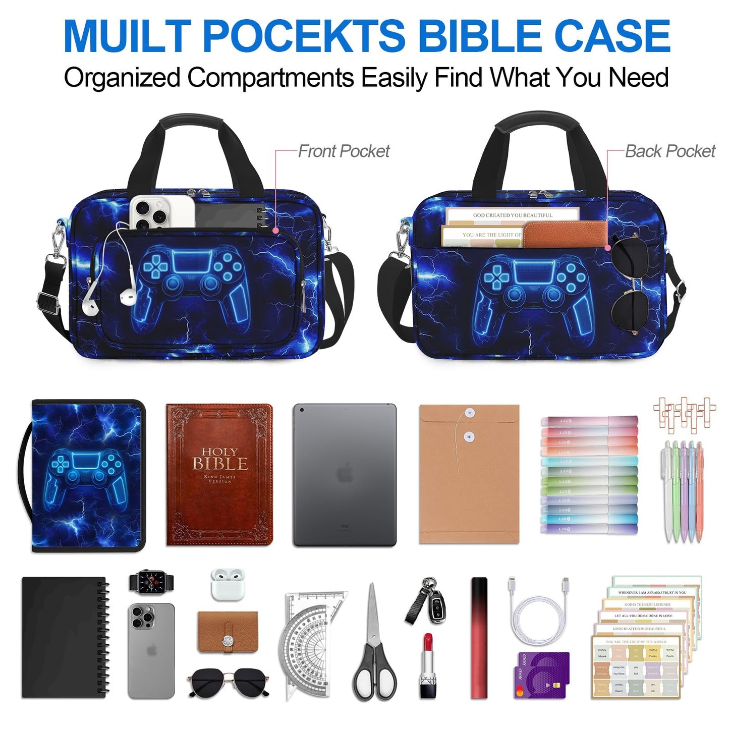IBOVODI Kids Bible Cover Game Bible Case for Boys Large Carrying Book Case Church Bag Bible Protective with Handle and Zippered Pocket Study Supplies Accessories Men Christian Gifts,Lightning Game