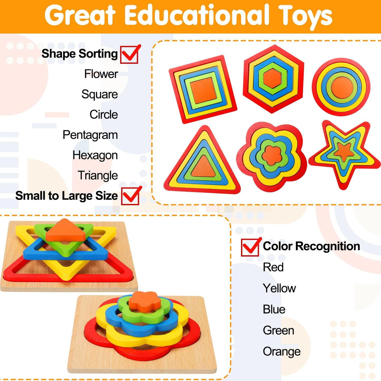 AugToy Toddler Puzzles Montessori Toy Wooden Shape Sorting Puzzle Sensory Toy Toddler Activities Preschool Learning Educational Autistic Developmental 1 2 3 Year Old Girl Boy 1-3 Dementia Game Gift