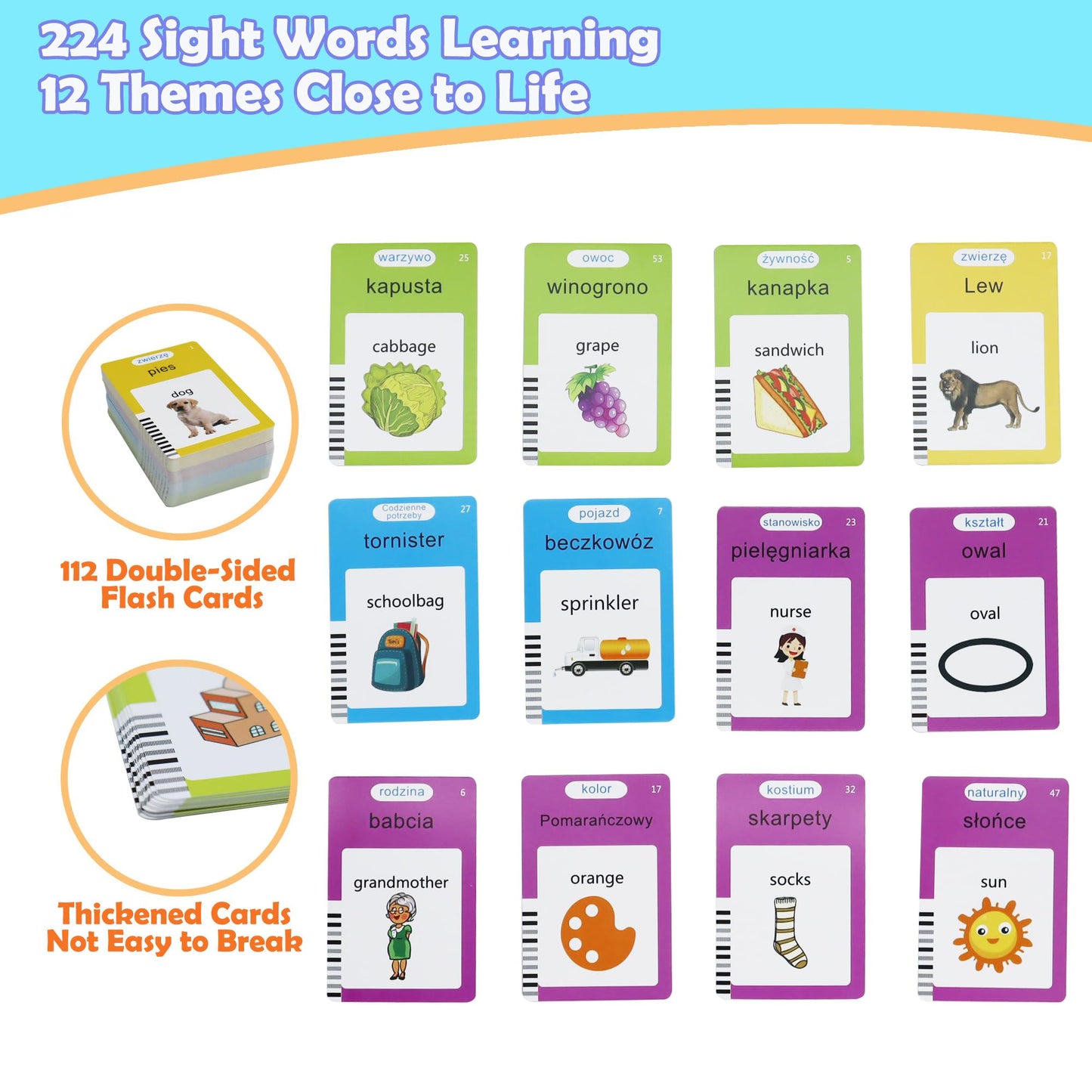 MAYAPHILOS 224 Sight Words Polish and English Talking Flash Cards Fun Polish Language Learning Toys for Kids, Learn Polish for Toddlers Sensory Preschool Educational Birthday Gifts