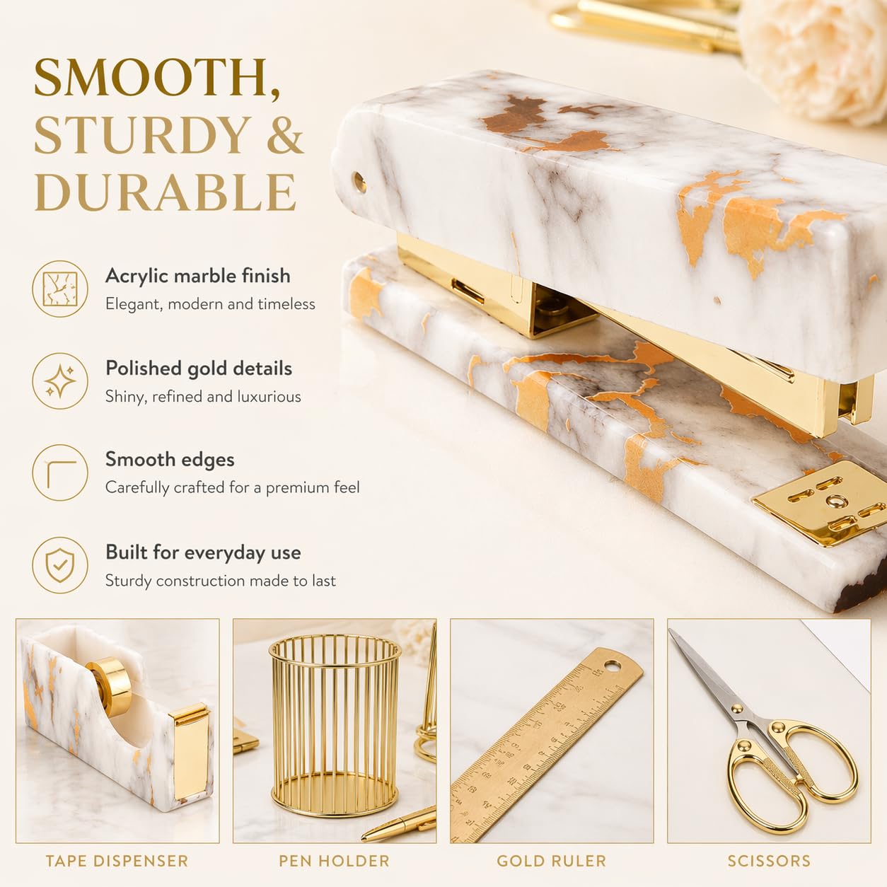 Office Desk Accessories Supplies - 13 Pcs Women Gold Marble Desk Decor Set, Cute Aesthetic Office Essentials Kit, Stapler Tape Dispenser Pen Organizer, Acrylic Mini Teacher Stuff for School Home Work