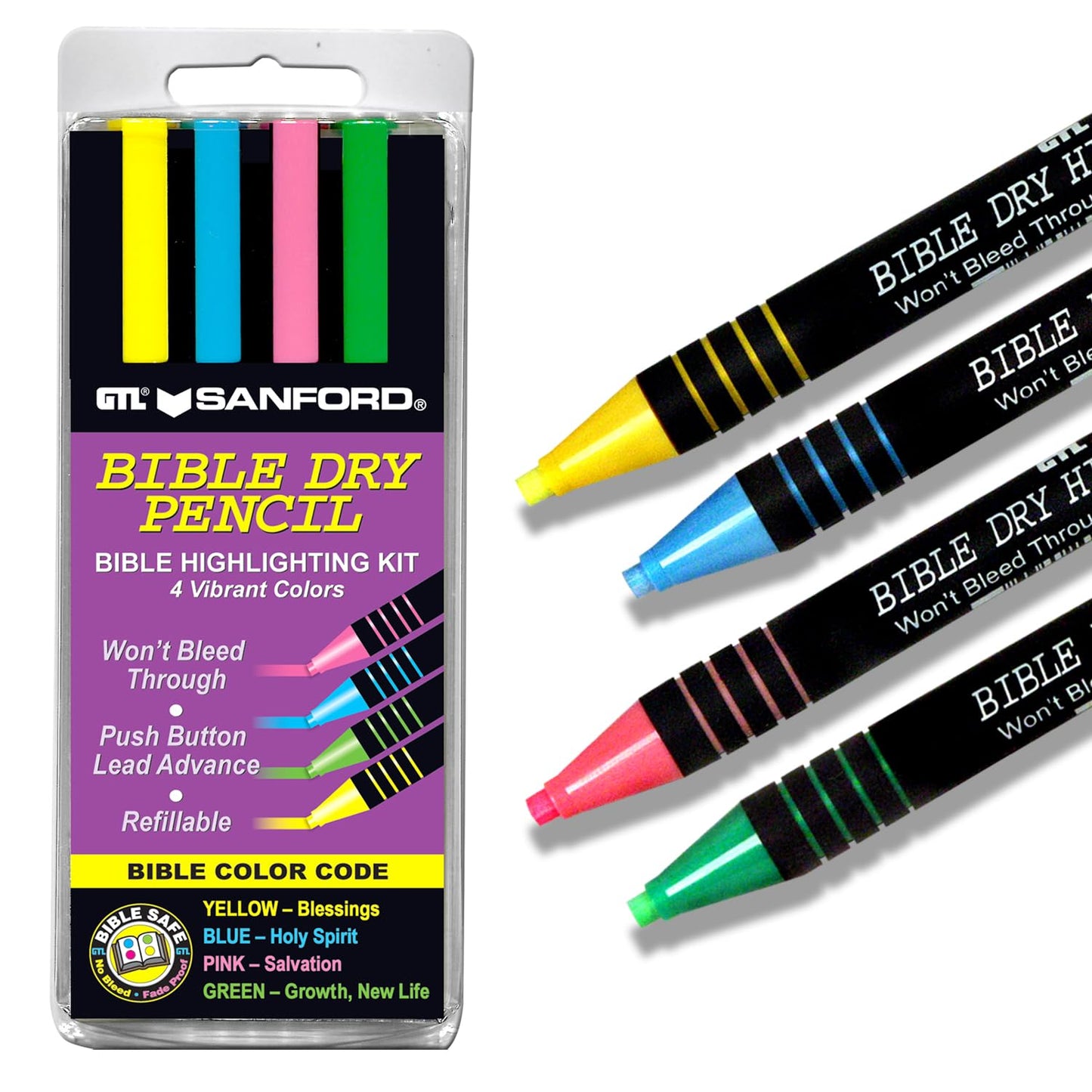 G.T. Luscombe Company, Inc. Bible Dry Highlighting Kit | No Bleed Eco-Friendly Refillable Dry Highlighters | No Sharpening | No Smearing or Fading | Yellow, Blue, Pink, Green (Set of 4)