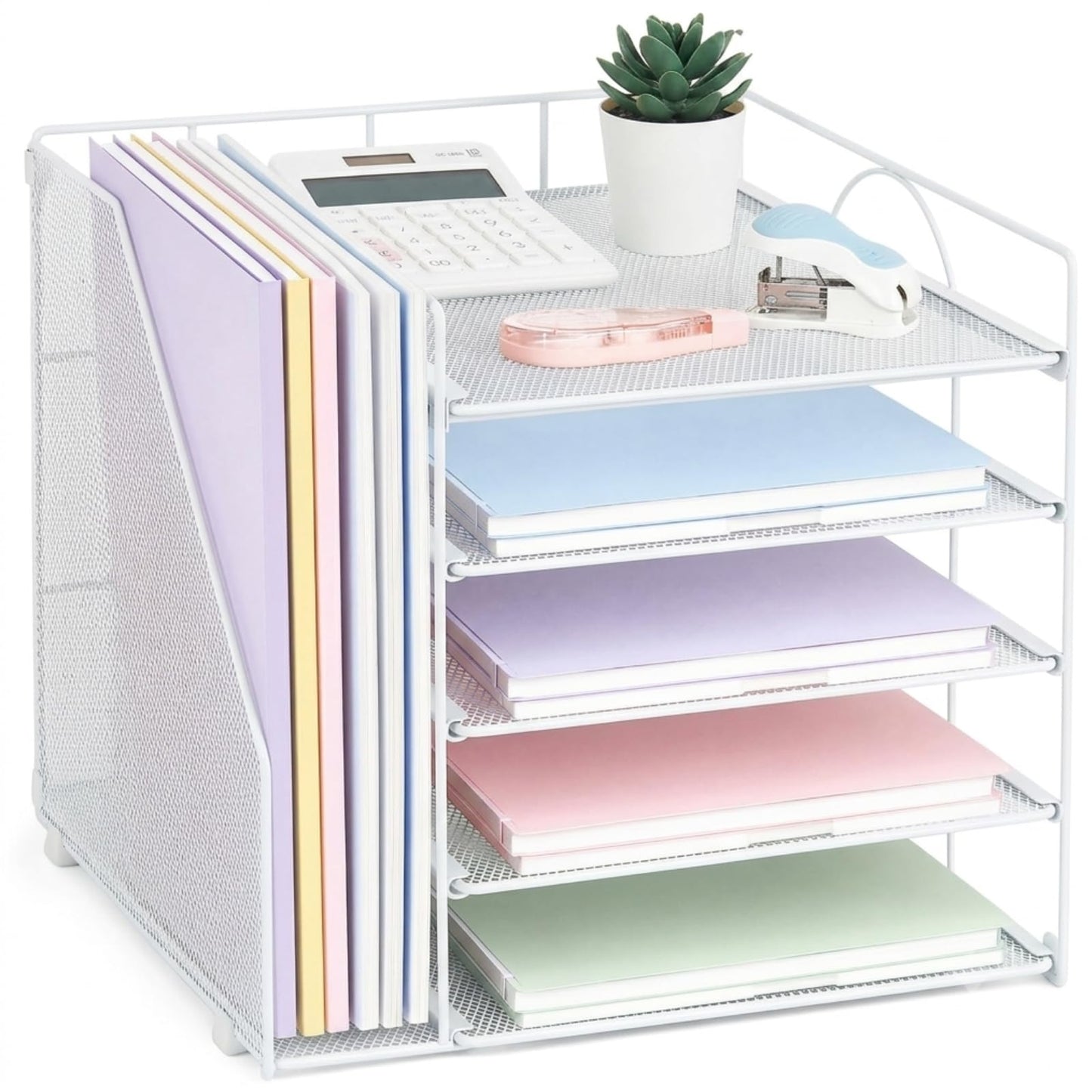 LEKETREE Desk Organizers and Accessories, 5-Tier Paper Letter Tray Organizer with File Holder, Desktop Organizer for Office Supplies (White)