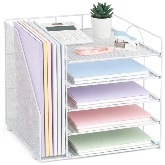LEKETREE Desk Organizers and Accessories, 5-Tier Paper Letter Tray Organizer with File Holder, Desktop Organizer for Office Supplies (White)