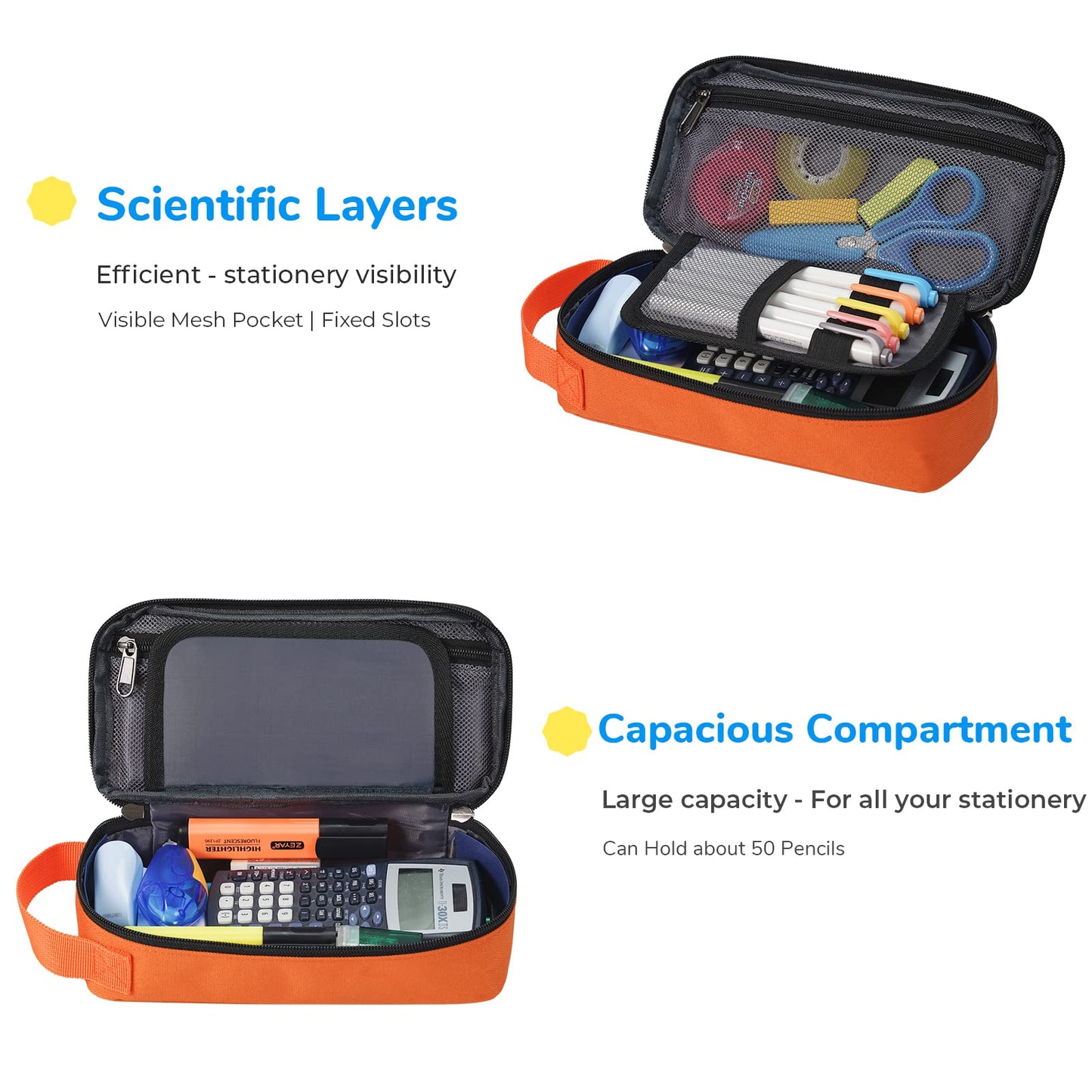ECHSRT Pencil Case for Men Women, Large Pen Bag for Adults, Portable Pencil Pouch Aesthetic with Handle, Zipper Cases for Office Organizer Orange