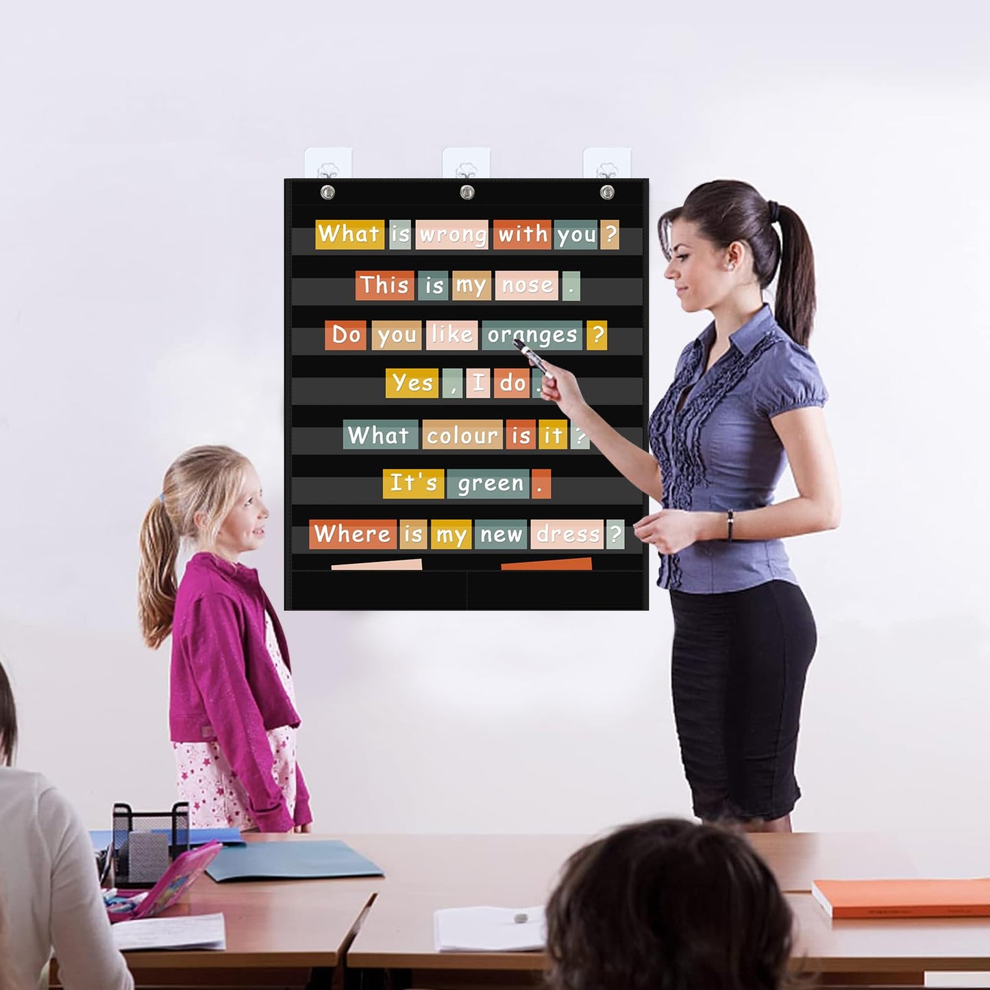ANCOMEDO 7+2 Pockets Standard Pocket Chart, Clear 7 Pockets Words Chart with 2 Extra Storage Pocket for Classroom Home Office Use,Large Size:33.2”x 28” Letter Cards, Word Wall and Sentence Strips.