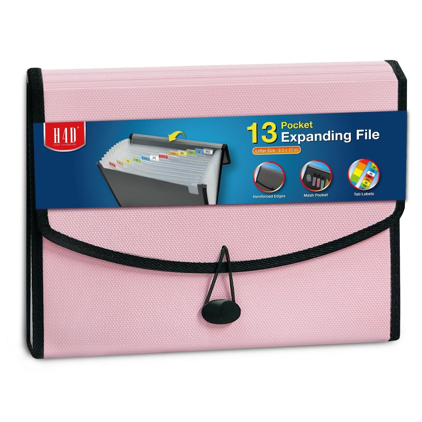H4D 13-Pocket Accordion File Organizer with Mesh Pocket, Expanding File Folder with Tabs, Expandable Document Organizer for Home Office School, Letter Size, Light Pink