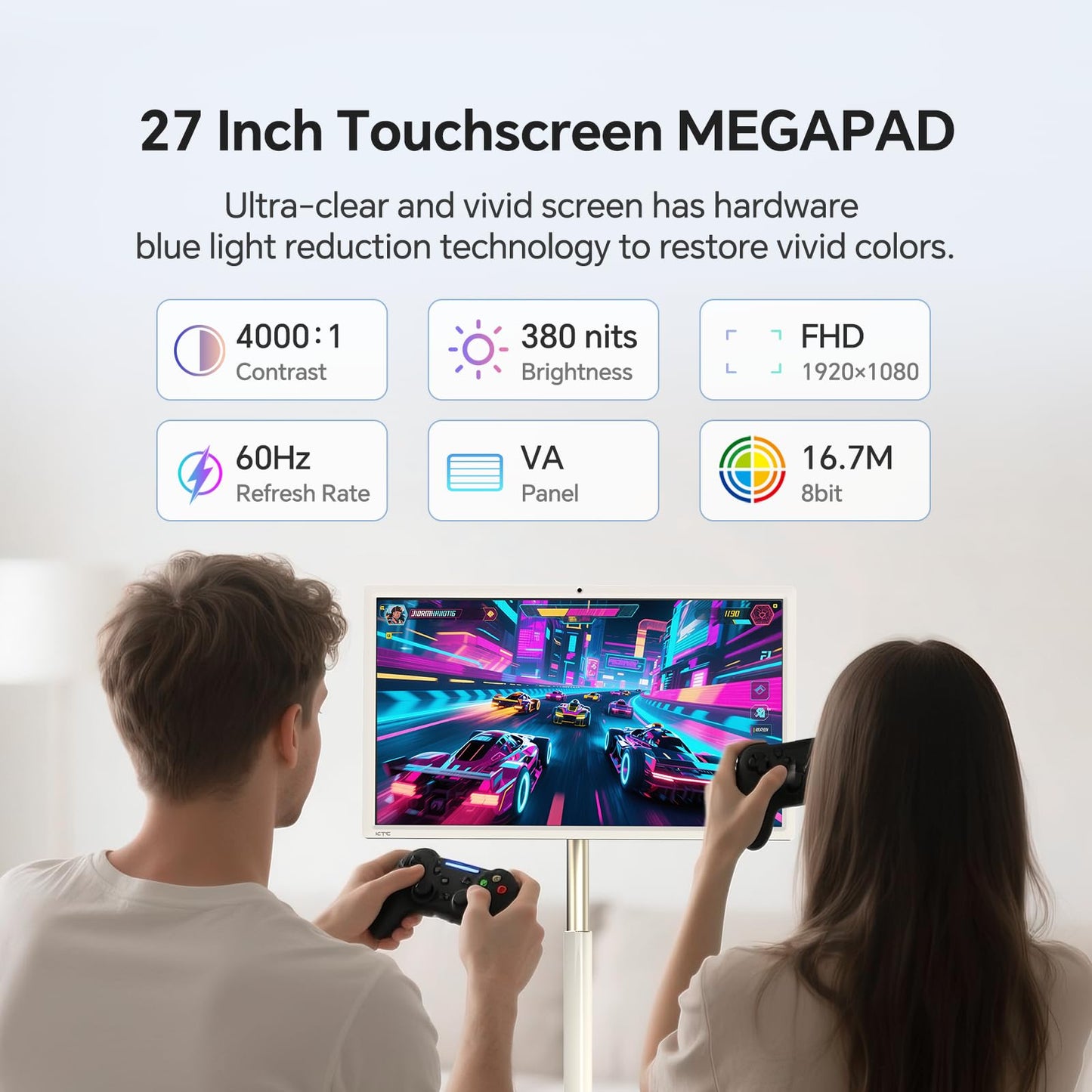 KTC 27" MEGAPAD 1080p Portable TV Touchscreen Monitor, EDLA-Certified Android 14 8G RAM +128G Storage Octa-core CPU Qualcomm Remote Control 9500mAh Battery Full Swivel Rotation Camera