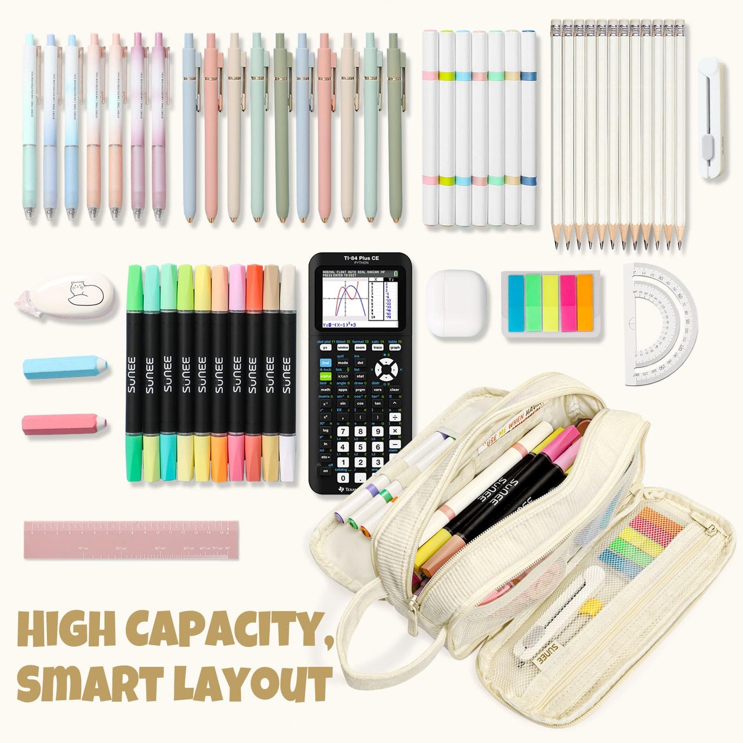 SUNEE Large Capacity Pencil Case with 3 Compartment, Extra Big Pencil Pouch, Pencil Bag with Zipper, Cute Stationery Organizer, Soft Corduroy Pen Box School Supplies for Student Teen Girls Boys, Beige