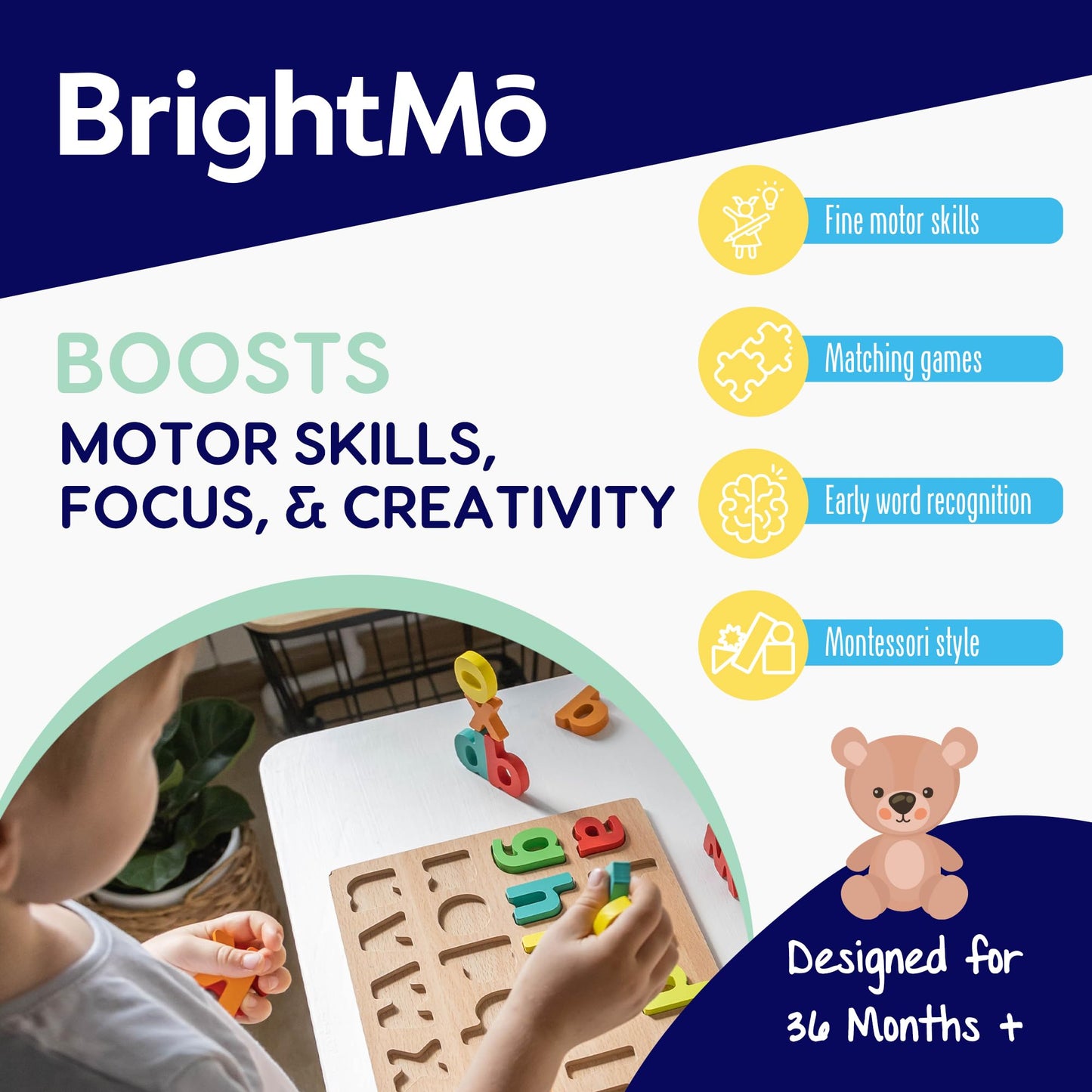 BrightMō 8-in-1 Montessori Wooden Activity Toy for 3 Year Old Boys & Girls – Alphabet, Numbers, Shape Sorting & Xylophone – Preschool Educational Learning Set