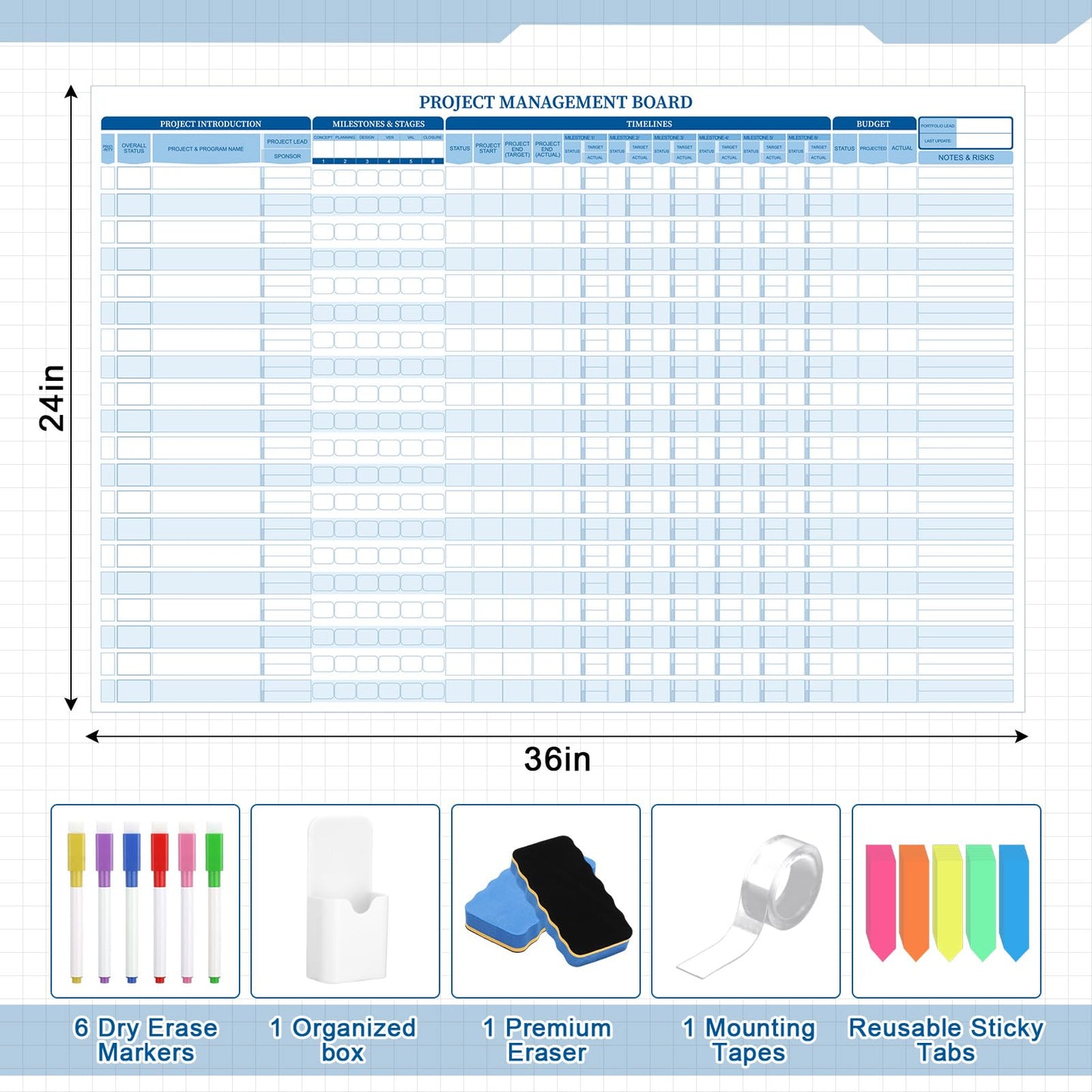 Lincia Large Magnetic Project Management Vision Board Set 24" x 36" Reusable Portfolios Office Whiteboard Wall Planner Track up to 20 Projects, Budgets & Timelines, Visual Project Planner & Tracker