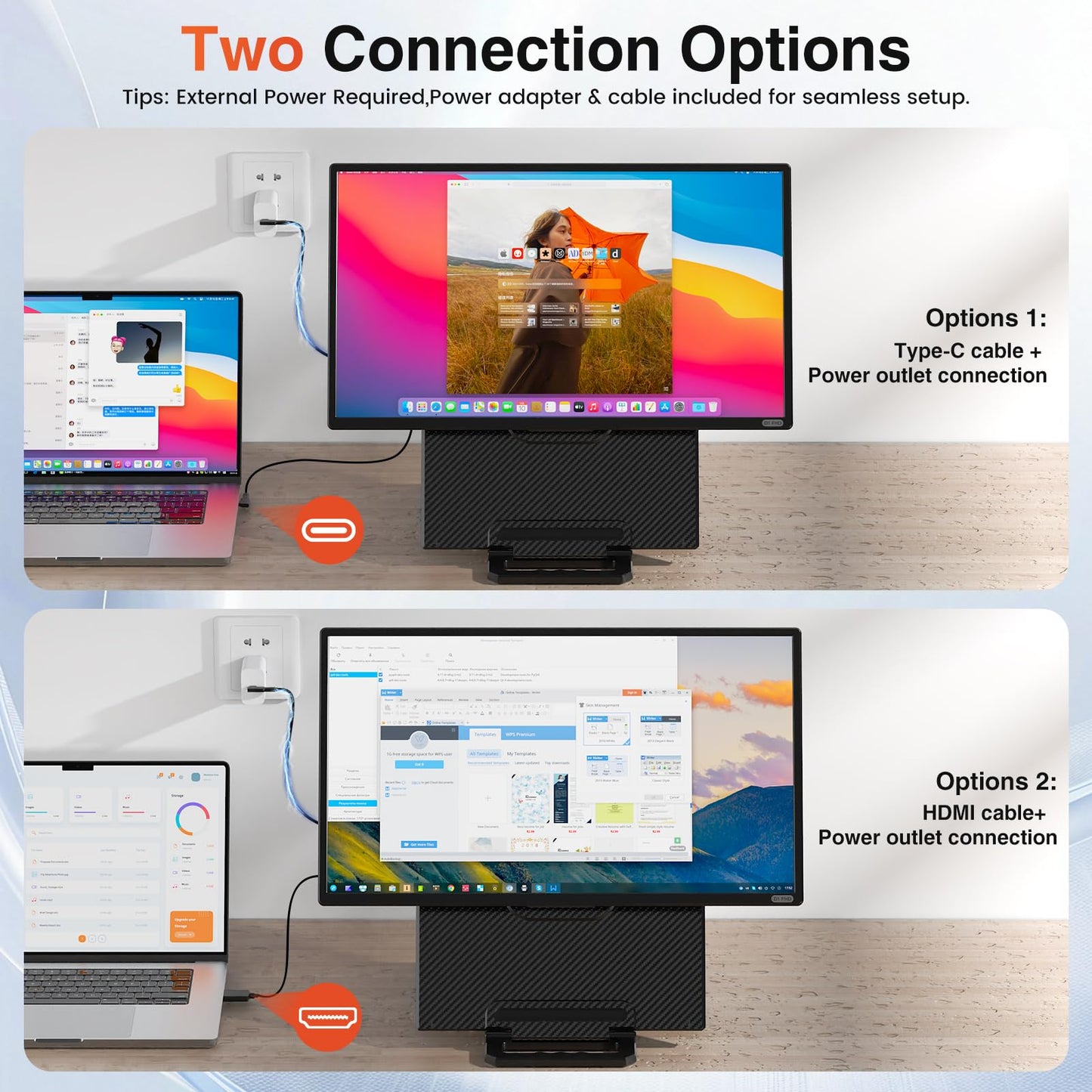 24" Large Portable Monitor, 1080P FHD 100Hz IPS Monitor, Height-Adjustable & Rotatable Screen(Horizontal/Vertical), Built-in Speakers, Requires Wall Outlet, Travel Monitor for Laptop / MacBook / PC