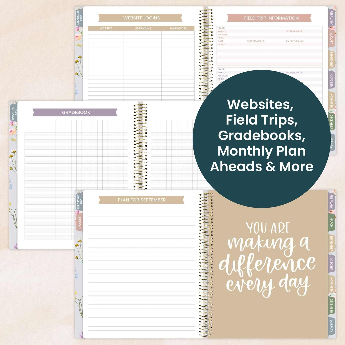 bloom daily planners New Undated Academic Year Teacher Planner & Calendar with Frosted Protective Cover - 7 Period Lesson Plan Organizer Book (9" x 11") - Teach Them Love Them