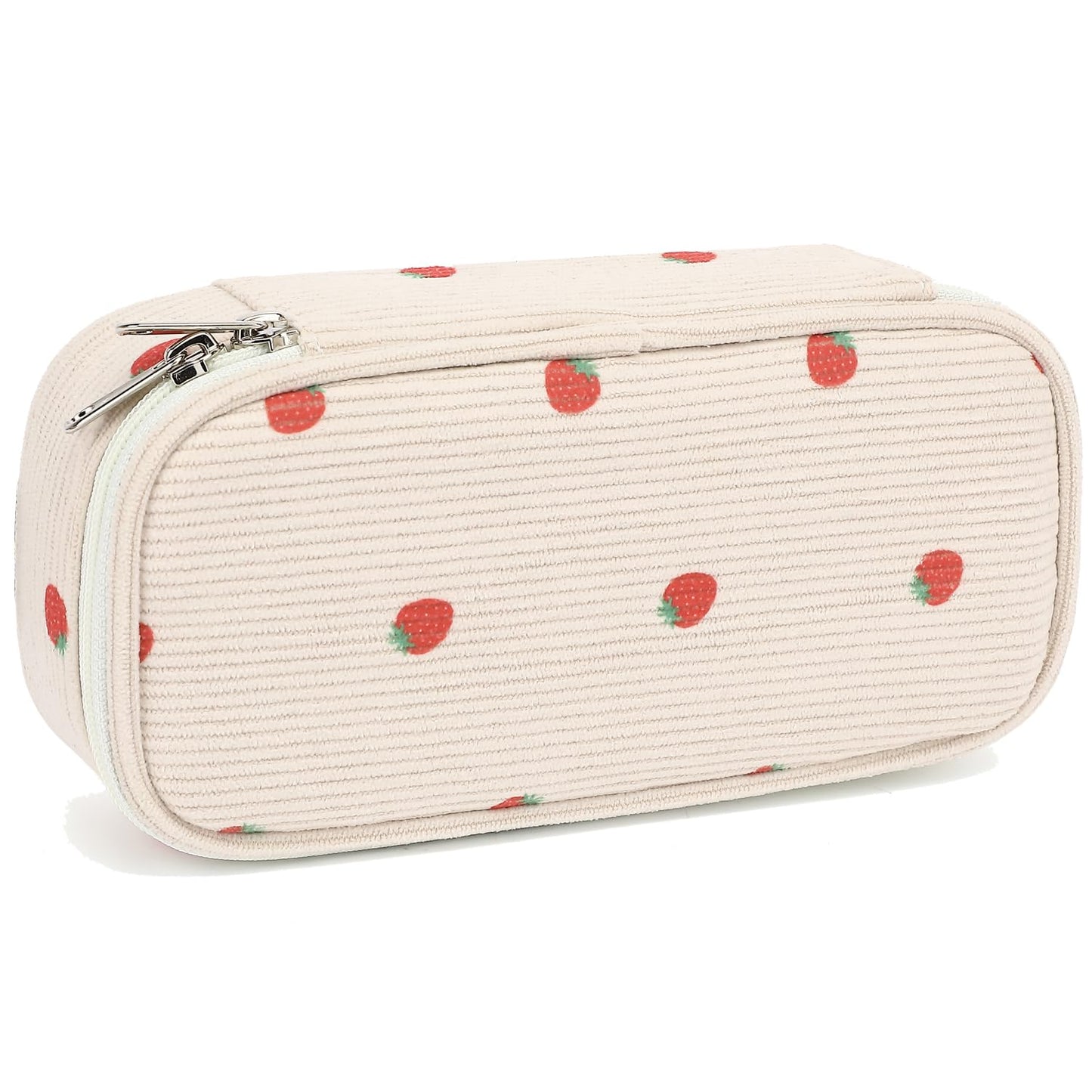 FlowFly Large Capacity Pencil Case for Kids, Boys & Girls – Zippered Multi-Functional Pen Pouch, Soft & Portable Pencil Bag for School, Teens, Students, Corduroy Strawberries Beige