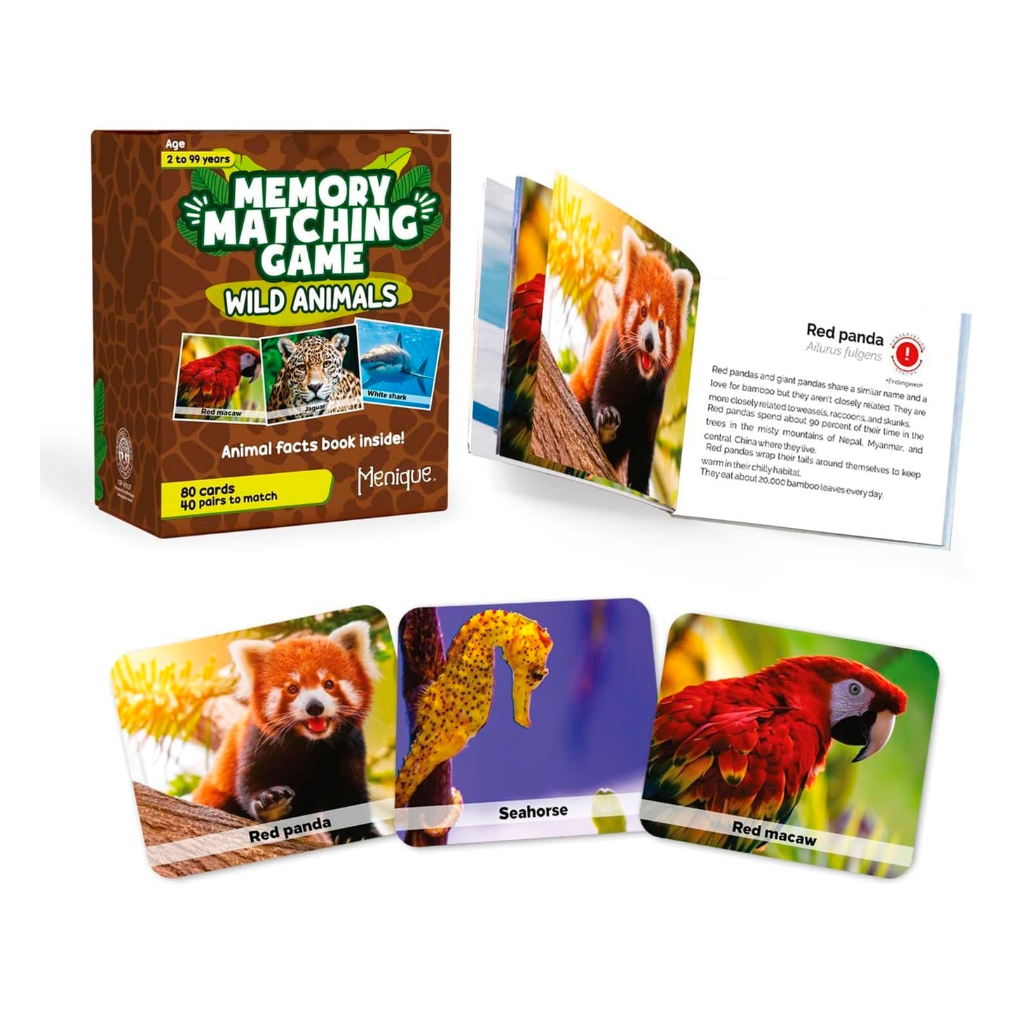 Menique Wild Animals Memory Matching Game – 80 Cards (40 Pairs) with Real Photos – Includes Educational Booklet with Animal Facts – Fun & Cognitive Game for Kids and Adults