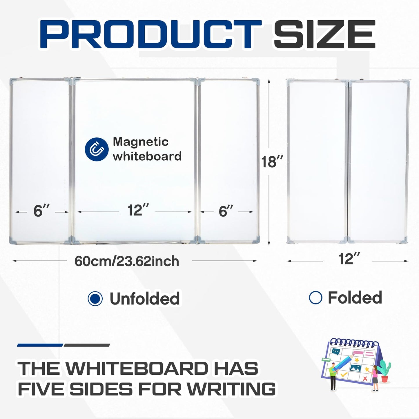 AmazingSpark 24” x 18” Foldable Whiteboard Dry Erase Board Large Tri Folding Whiteboard Magnetic Dry Erase Board, Wall Aluminium Frame and Pen Tray for Office, Home