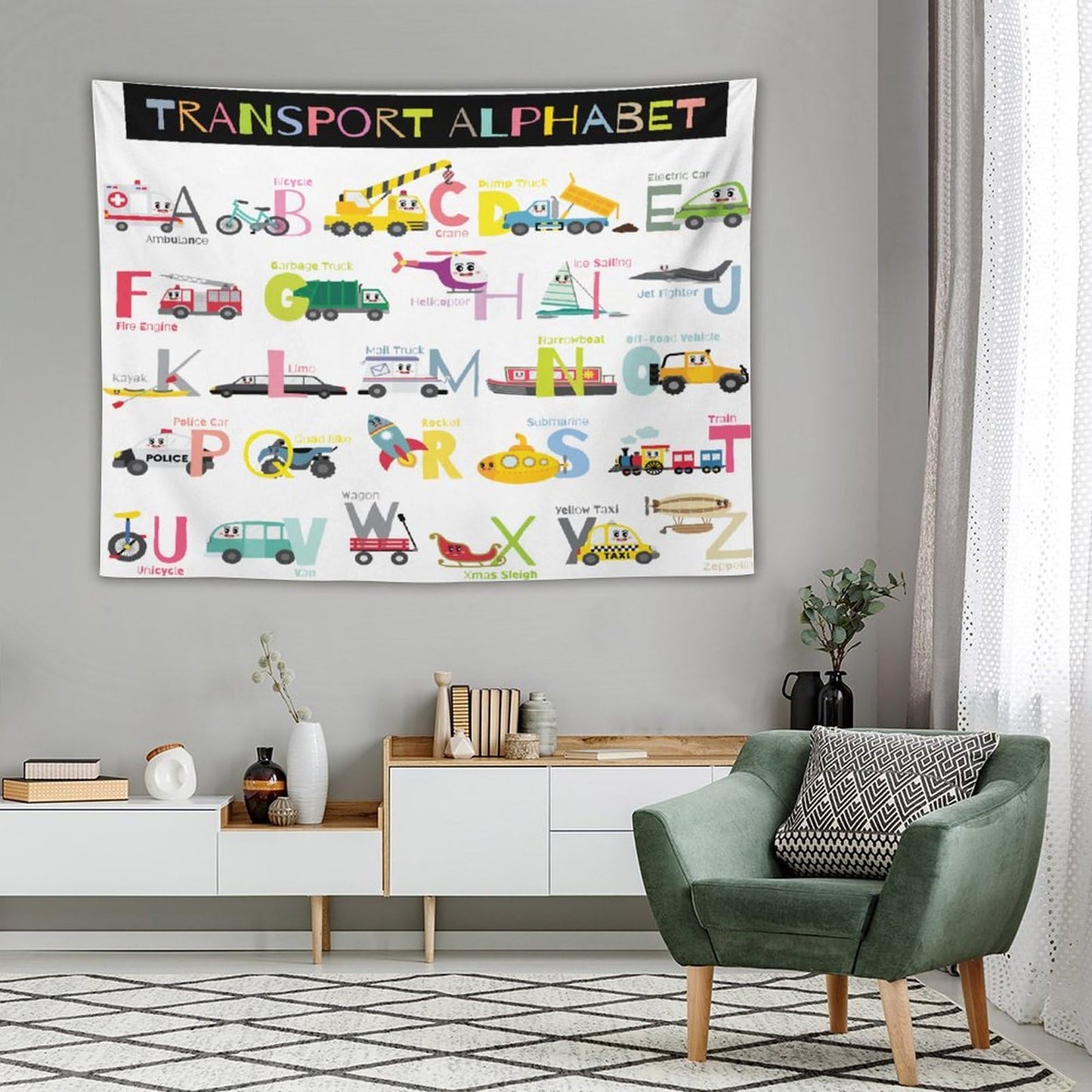 DDCBNS Cartoon ABC Alphabet Tapestry for Kids Boys Girls,Cute Car Plane Funny Transportations Print Educational Tapestry Wall Hanging Home Décor for Study Nursery Bedroom Living Room 80" x 60"