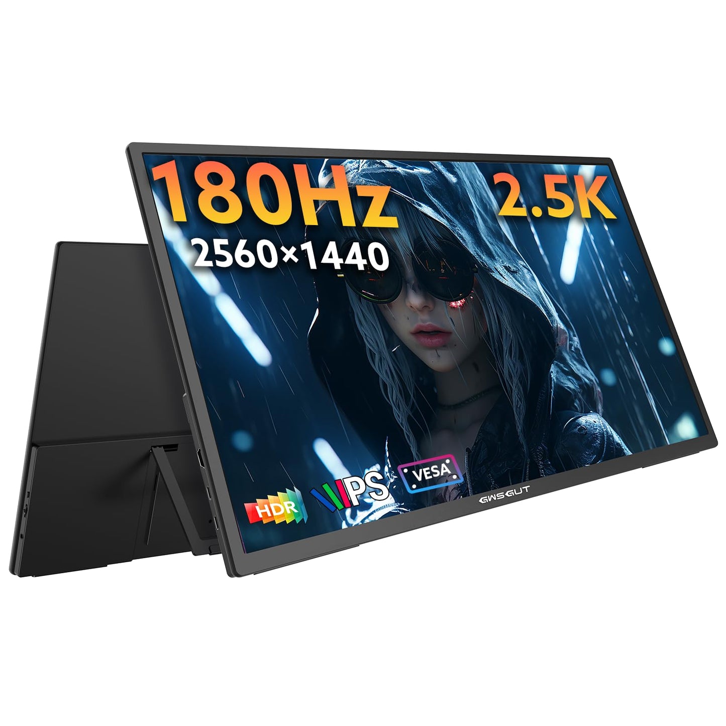 GWSGUT 23.8'' Portable Monitor 2.5K 180Hz QHD 1440p, VESA USB-C HDMI Laptop Screen Extender, Built-in Stand Speakers for Laptop Mac PS4/5 Xbox Switch