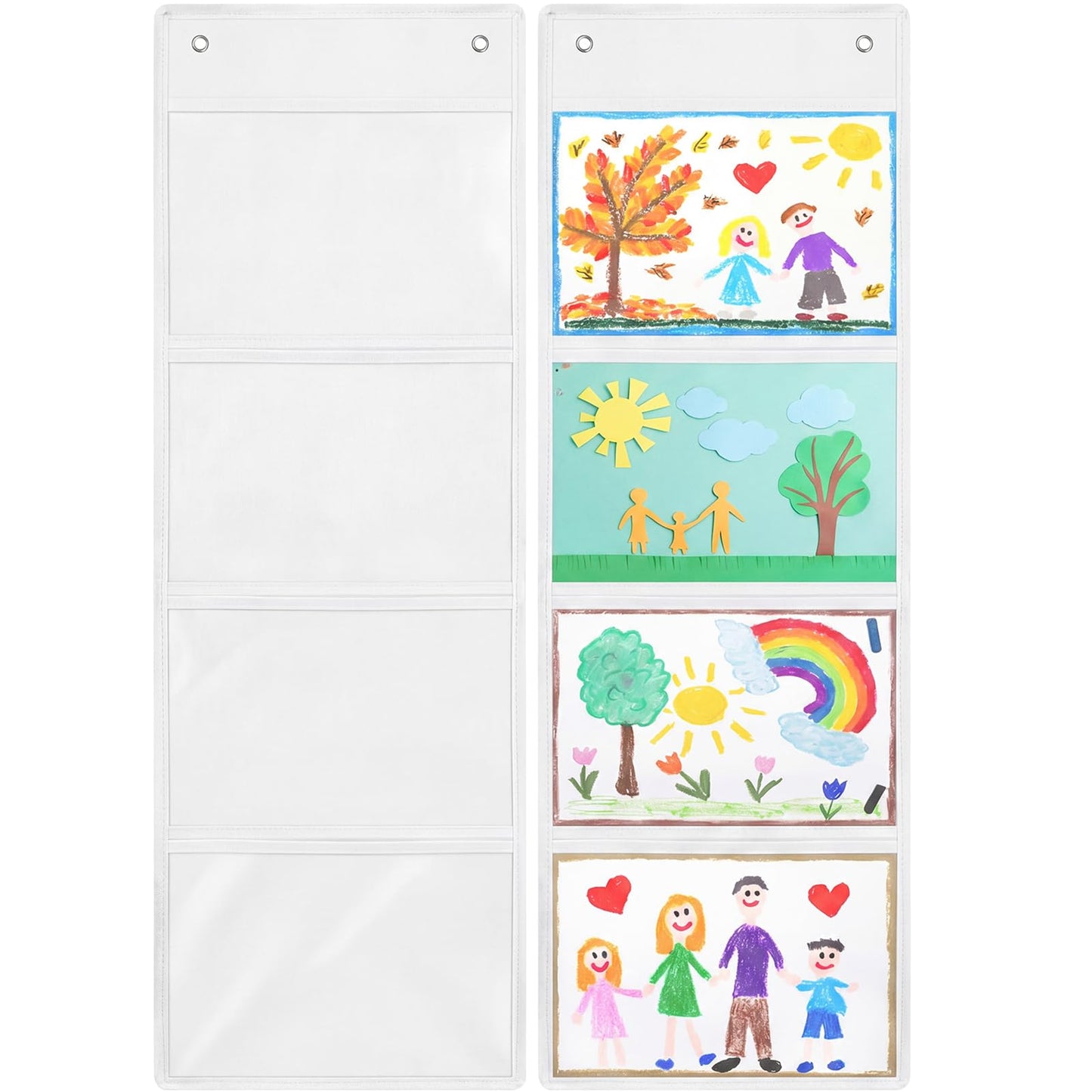 Watersay 2 Pcs Storage Pocket Chart for Classroom 37.4 x 13 in, 4 Pockets Hanging Wall File Organizer for Cards, Drawing, Pictures, Class Demonstrations, Homework, Teacher Office Organization (White)