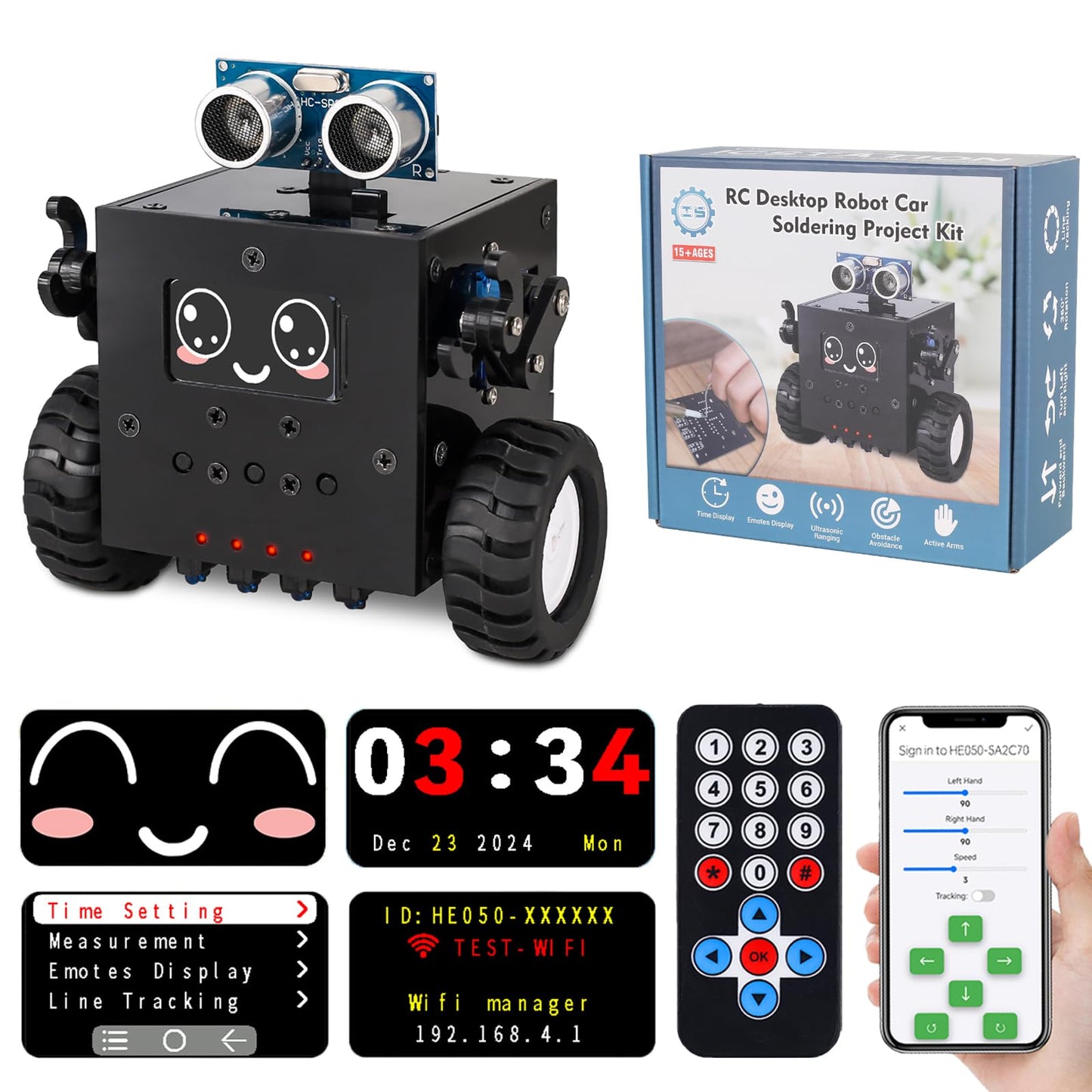 DIY Robot Car Soldering Project, ICSTATION STEM Electronics Learning Kit with Ultrasonic Obstacle Avoidance, Expressions & Time Display, RC Robot Soldering Practice Kit for Adults ＆ Ages 15+ Students