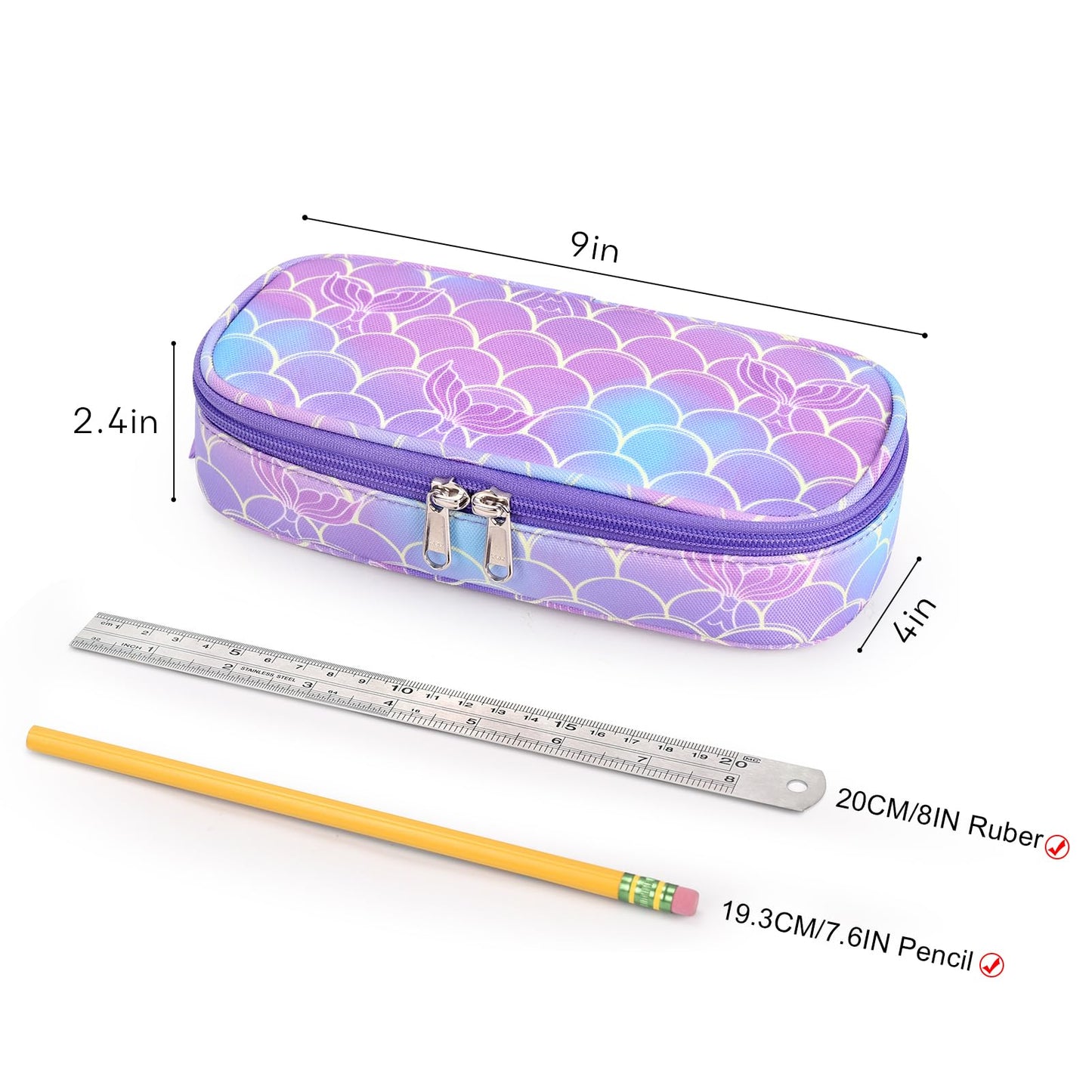 mibasies Girls Pencil Case for Kids, Multi-Slot Pencil Pouch, Mermaid Tail Purple