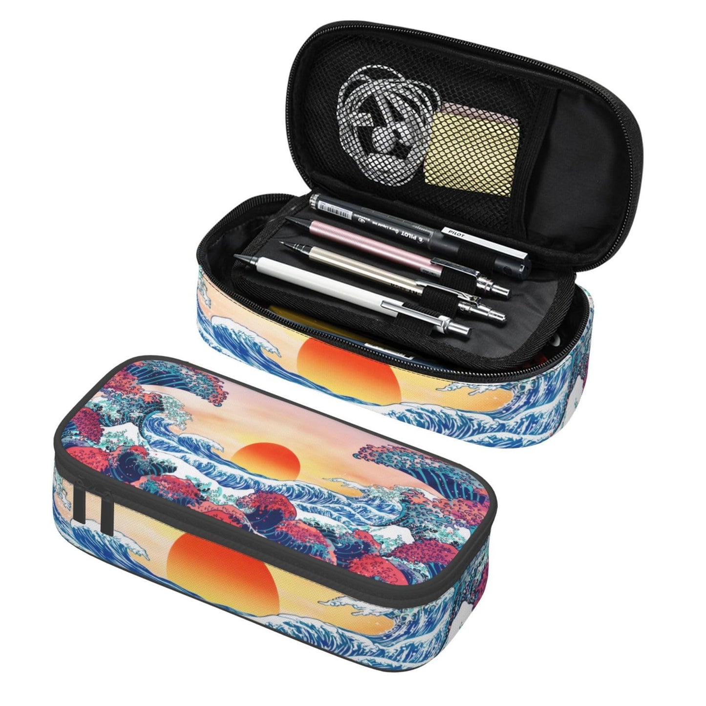 Aoojanu Japanese Ocean Waves Large Pencil Case With Zipper Compartments Stationery Pencil Bag For Kids Teens Students School Supplies