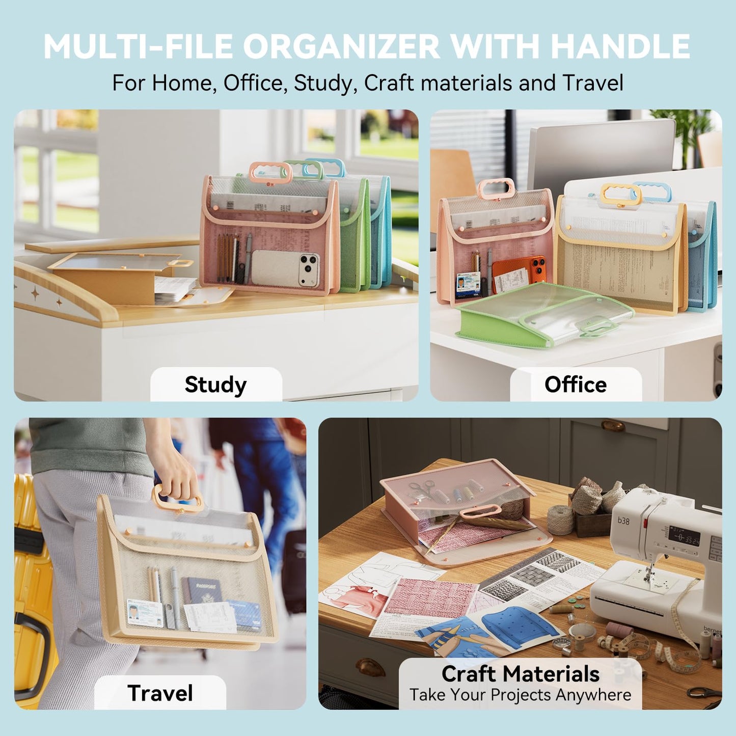ABC Life [4 Pack] Plastic Expanding File Folder with Handle, Portable Transparent Document Organizer for Letter/A4, Briefcase-Style Accordion Case, Mesh Pocket, Heavy Duty for Home, Office & School