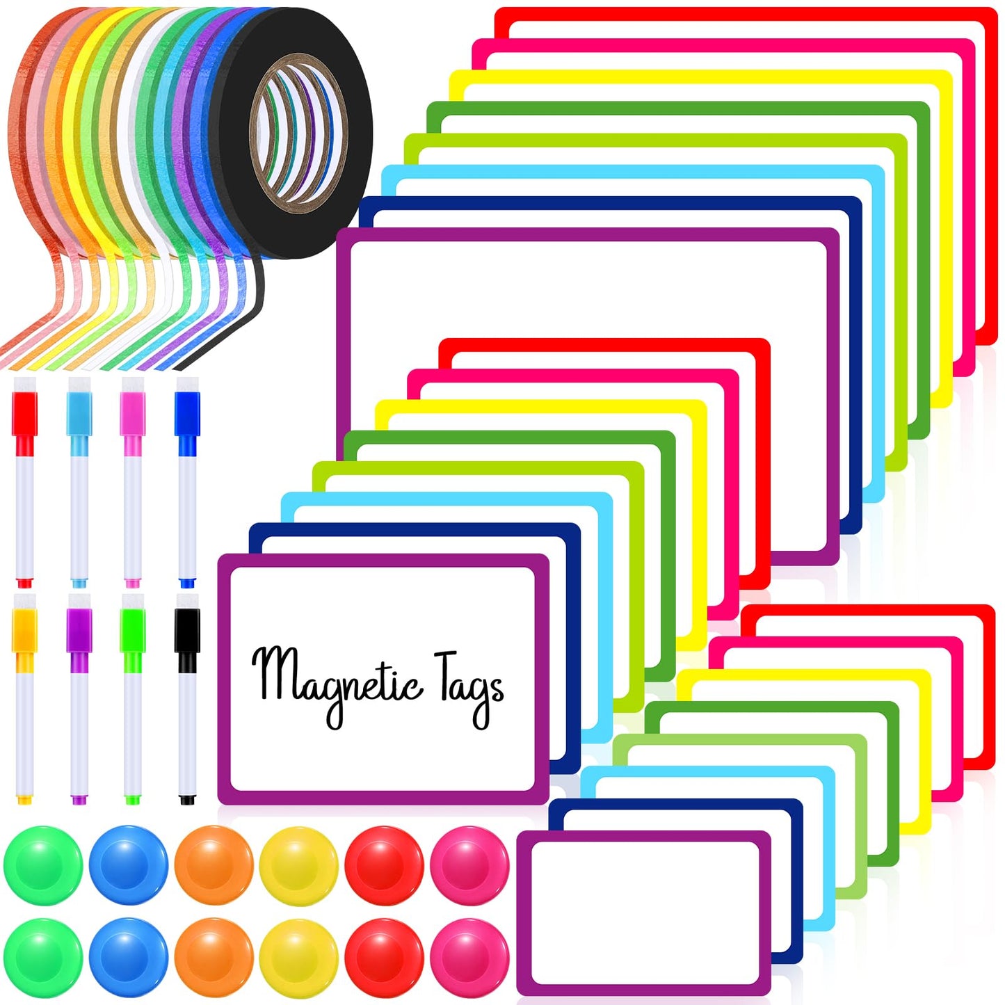 Meanplan 176 Pcs White Board Accessories Set 144 Magnetic Dry Erase Labels 12 Rolls Thin Whiteboard Tape 8 Magnetic Fine Tip Dry Erase Markers 12 Round Planning Buttons for Office Home (Various Sizes)
