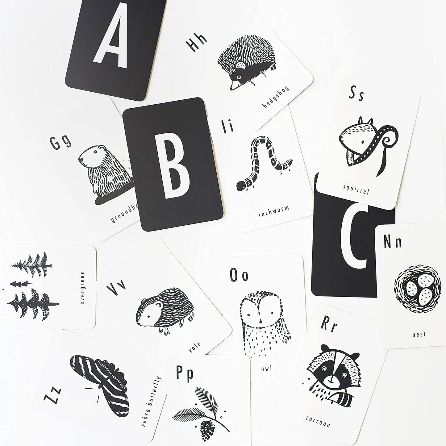 Wee Gallery Educational Flashcards for Babies, Double Sided Black and White Learning Flash cards, Woodland Animal Alphabet Cards for Visual Stimulation and Cognitive Development of Toddlers