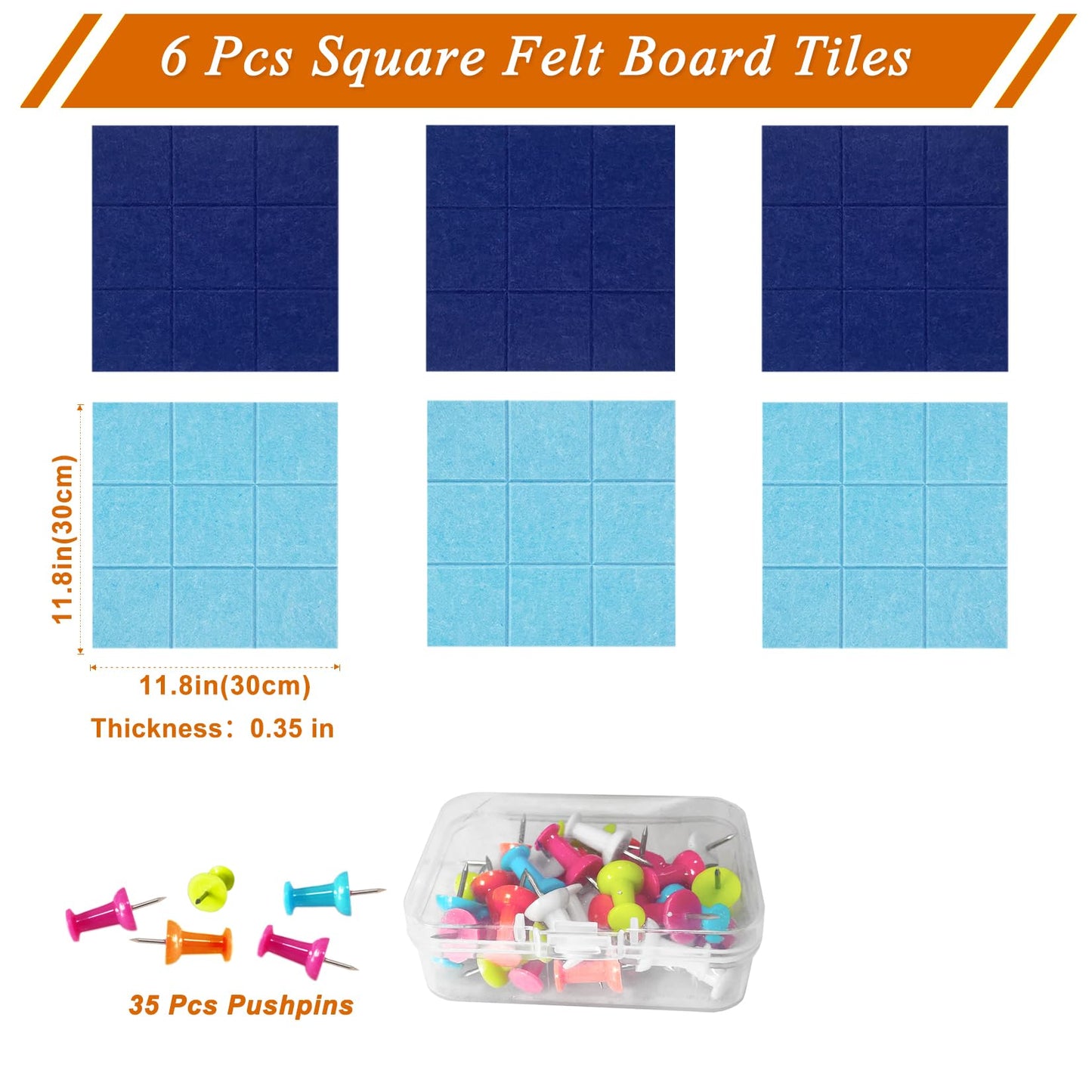 HULAVO Large Square Felt Cork Board Tiles, Self Adhesive DIY Felt Bulletin Board with 35 Pushpins for Office School Home Wall Decor Stickers Memos (Dark Blue & Sky Blue)