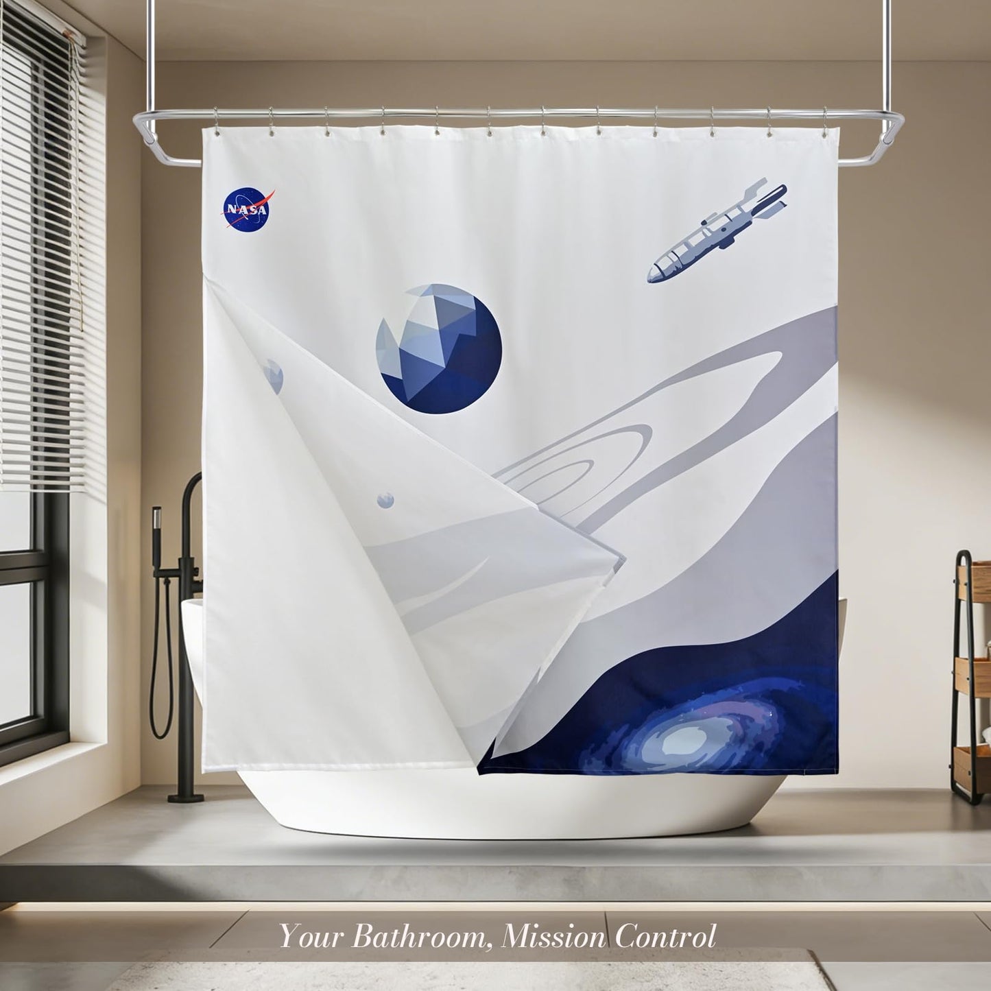 DRIFTED ROOT NASA Licensed Shower Curtain Set, Minimalist Planet Orbit Galaxy Design, Space Poster Art, Oxford Cloth, Bathroom Hotel Decor (Celestial Tides-White/Blue, 72" W x 72" L (Pack of 1))