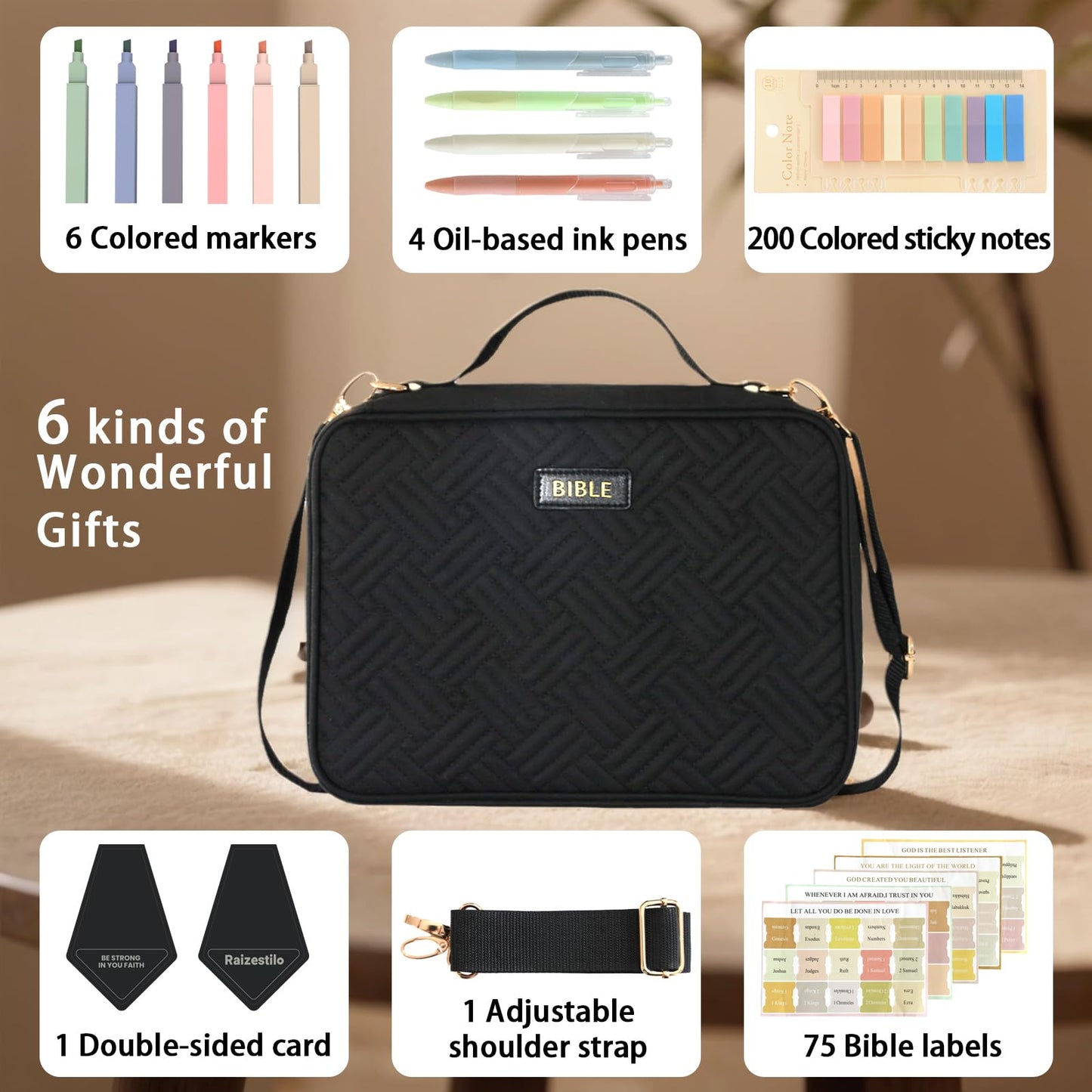 Bible Cover for Women Bible Case, Large Bible Bag, Bible Study Supplies Bible Journaling Kit Book Carrying Case with Bible Highlighters Tabs, Valentines Day Christian Gifts for Women(Black)
