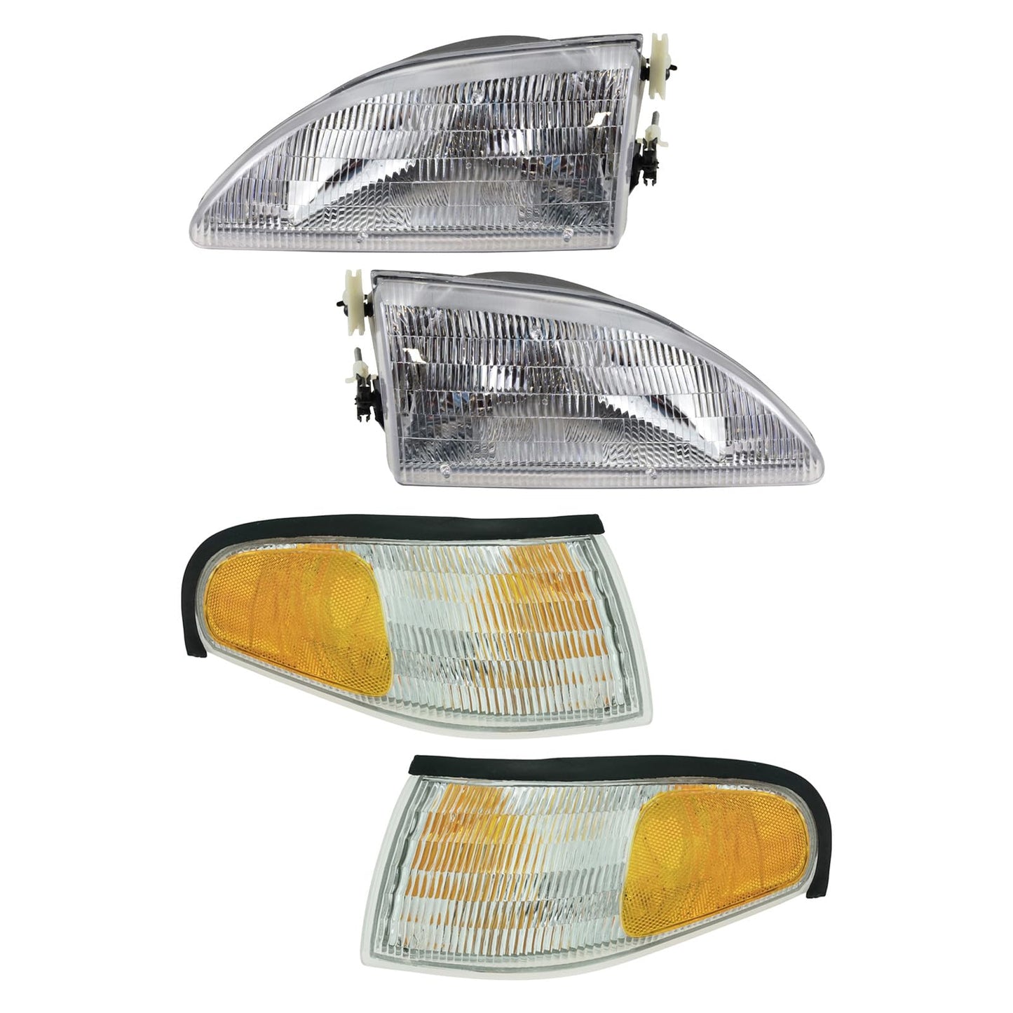 TRQ Headlight Assembly Set for 1994-1998 Ford Mustang, Driver & Passenger Side, Model LKA55910, Yellow