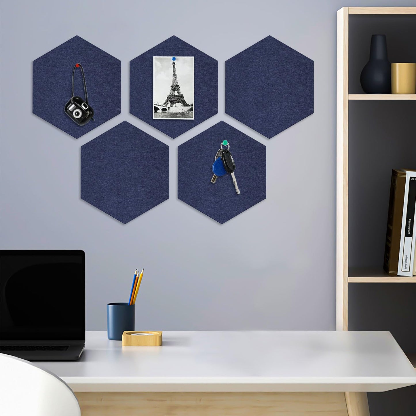 8 Packs Navy Blue Hexagon Felt Pin Board, 12" Bulletin Board with 30 Push Pins, Felt Board for Home Kitchen Office Decor, Self-Adhesive Corkboard Tiles for Walls School Message Photos Memos