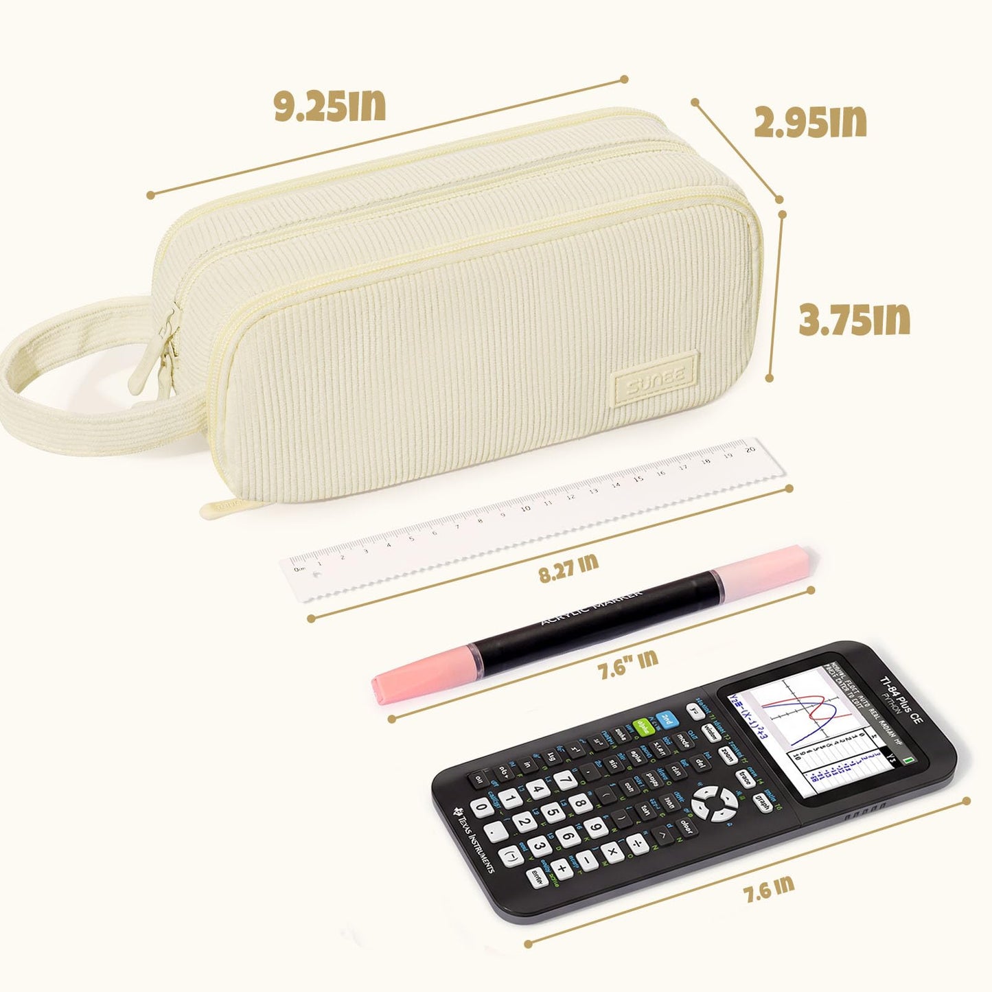 SUNEE Large Capacity Pencil Case with 3 Compartment, Extra Big Pencil Pouch, Pencil Bag with Zipper, Cute Stationery Organizer, Soft Corduroy Pen Box School Supplies for Student Teen Girls Boys, Beige