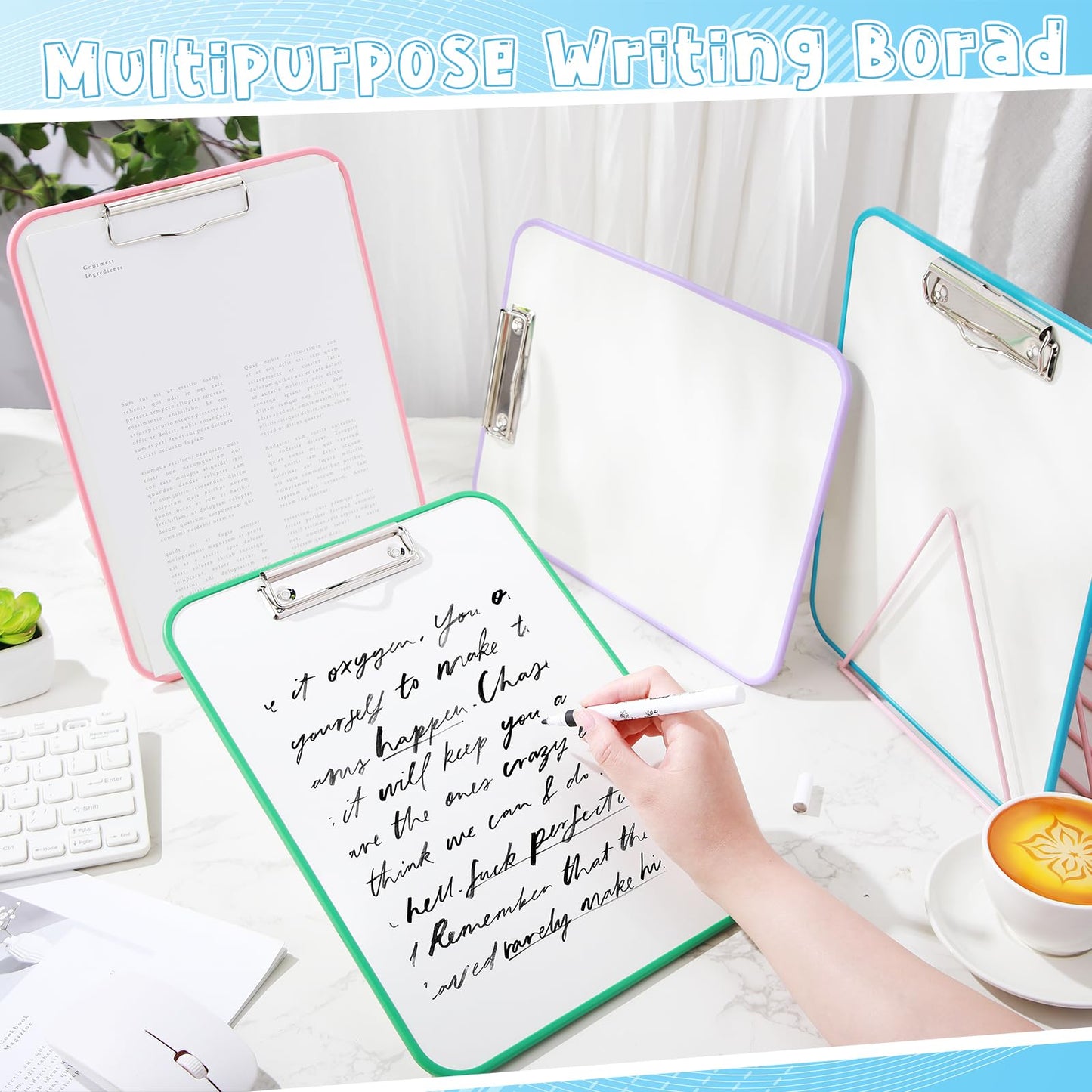 Seajan 4 Set Writing Slant Board with Stand, 15°-75° Desktop Whiteboard Dry Erase Clipboard 12x9 Inch Portable Reusable Handwriting Practice Teacher Office Supplies for Reading Drawing Studying