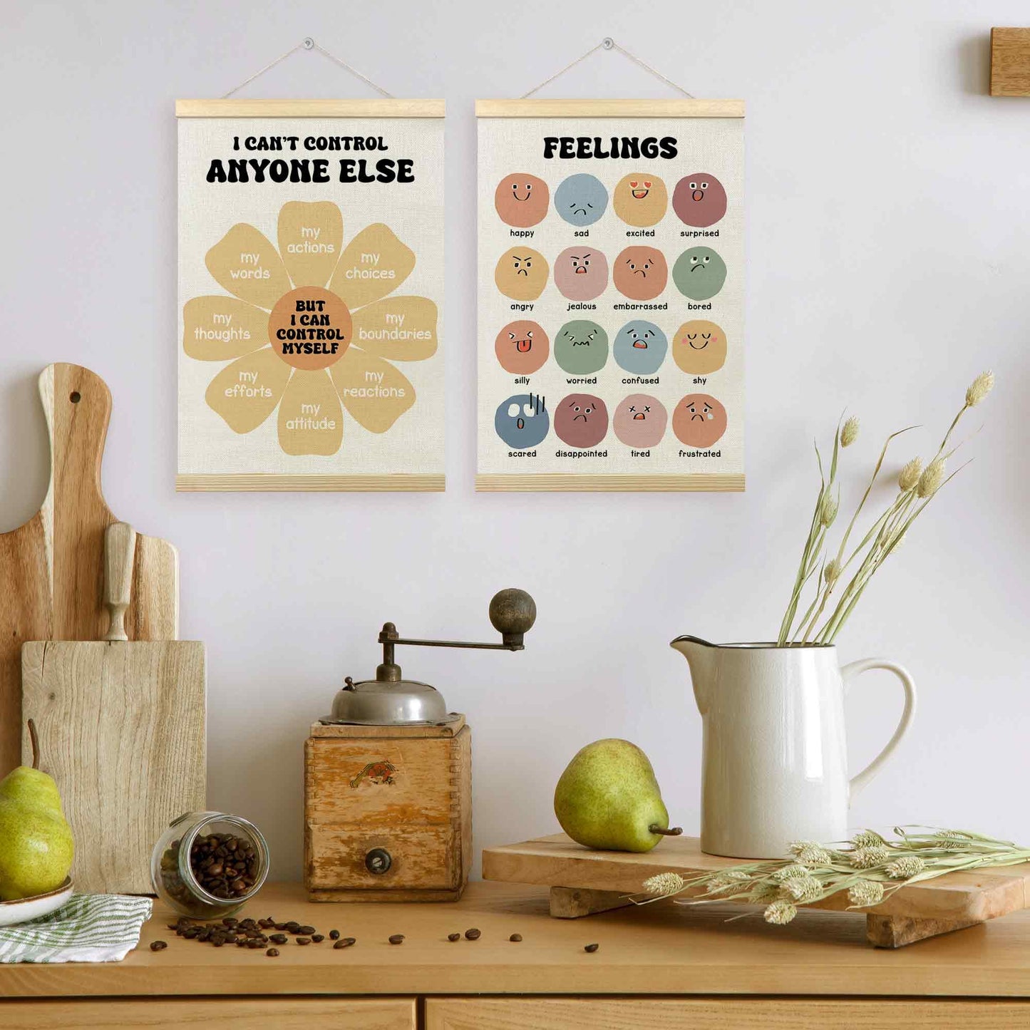 TLESKE Mental Health Feelings Emotions Chart Poster Hanger Frame for Toddler Kid Classroom Set of 2, Homeschool Wall Art Decor for Nursery Playroom, Preschool Prek Learning Educational Poster, 12x16